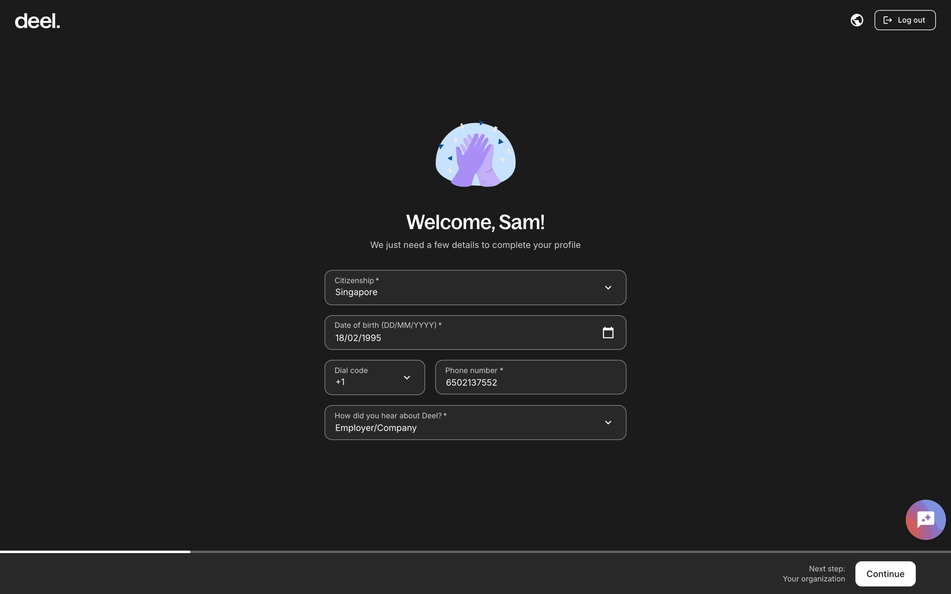 Completing sign up on Deel (web) screen 5