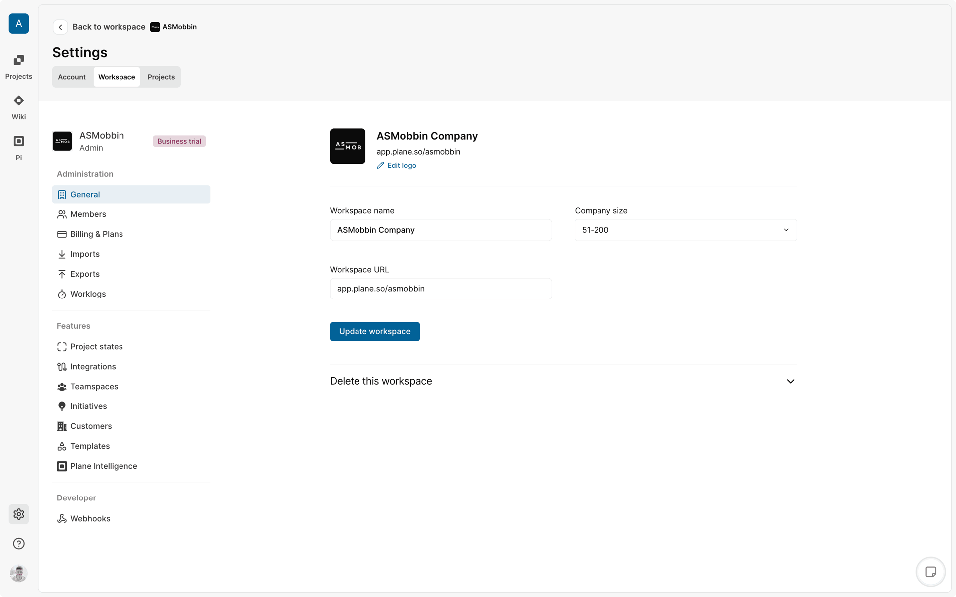 Plane Web Business interface screenshot 2
