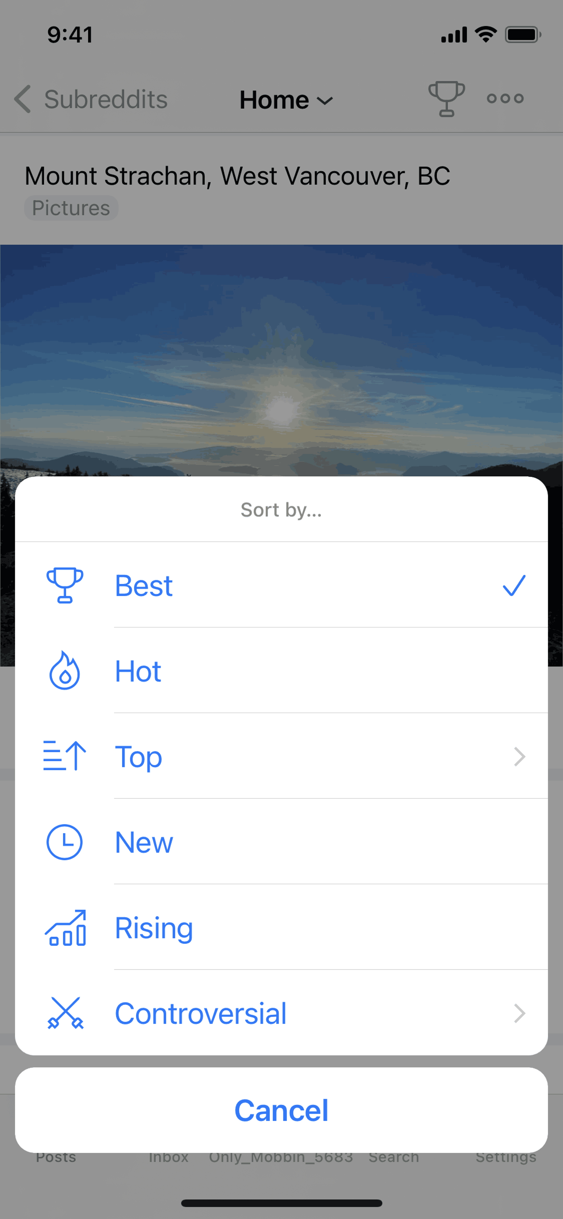 Sorting posts on Apollo for Reddit (ios) screen 2