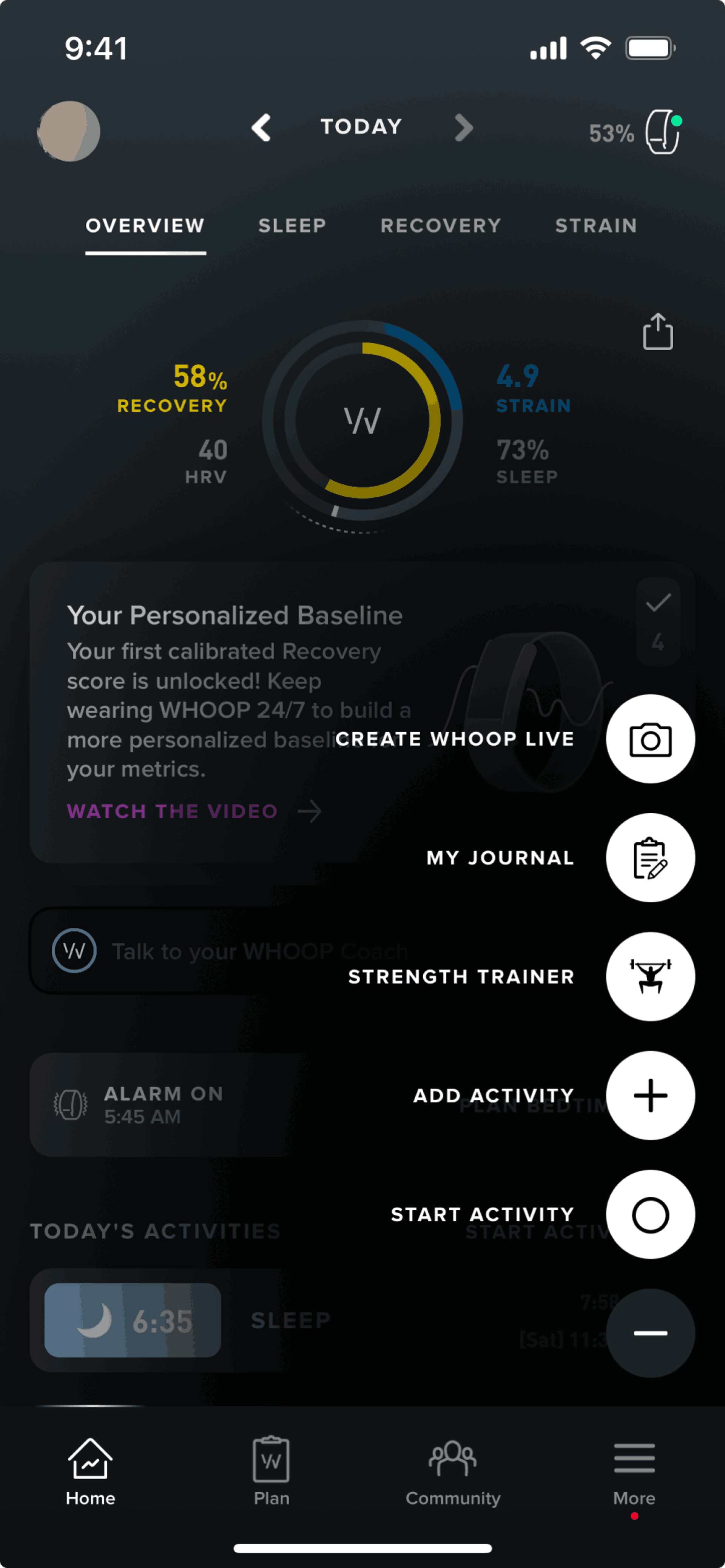 Action button on WHOOP (ios) screen 2