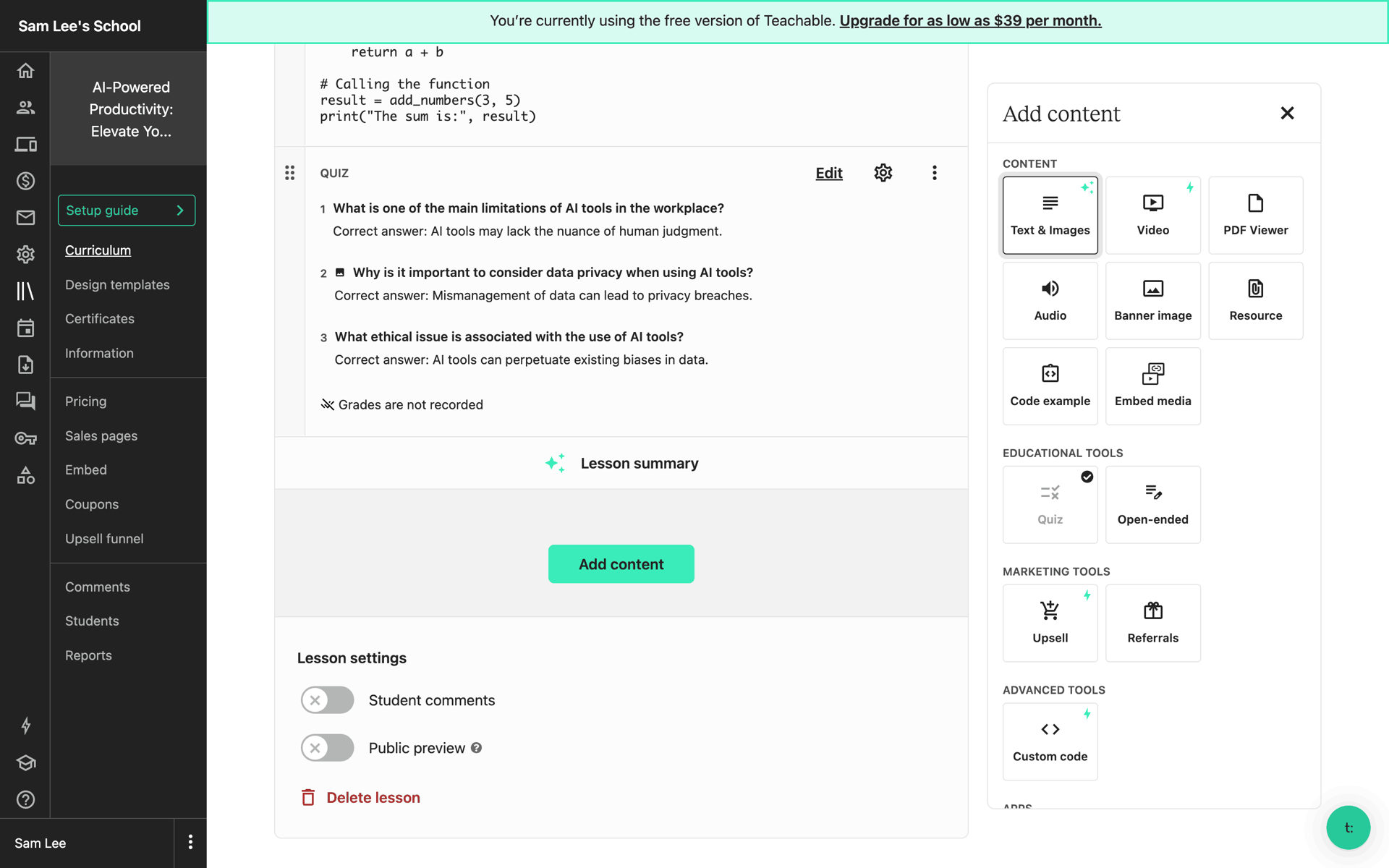 Teachable Web Business interface screenshot 11
