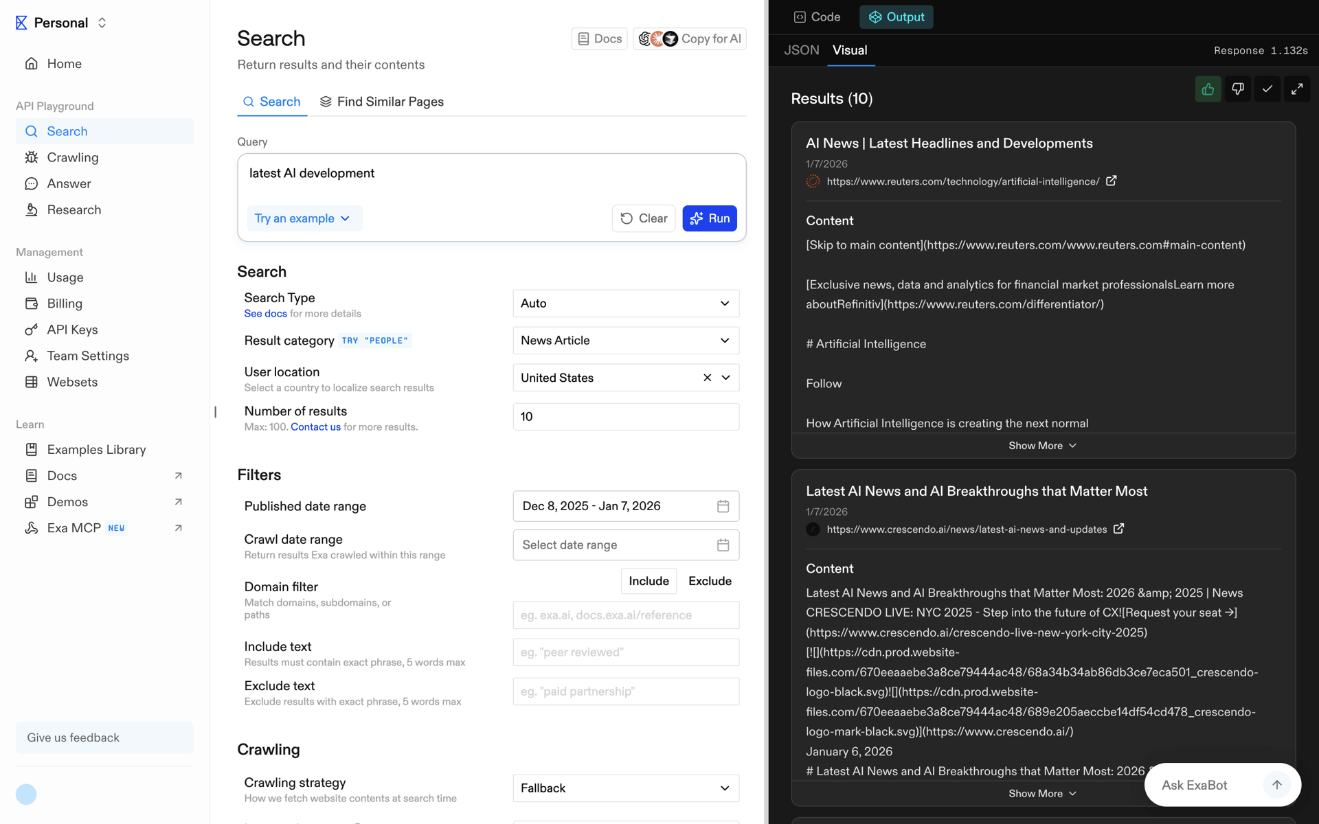 Exa Web Developer Tools interface screenshot 21