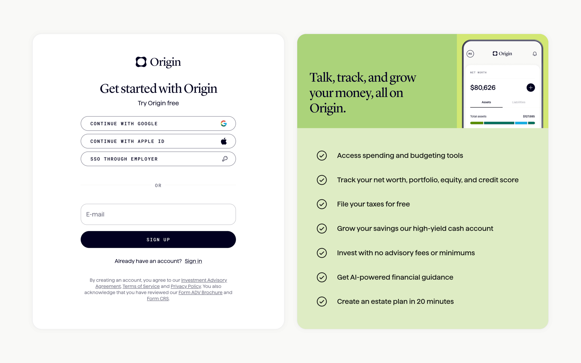 Origin Web Finance interface screenshot 4