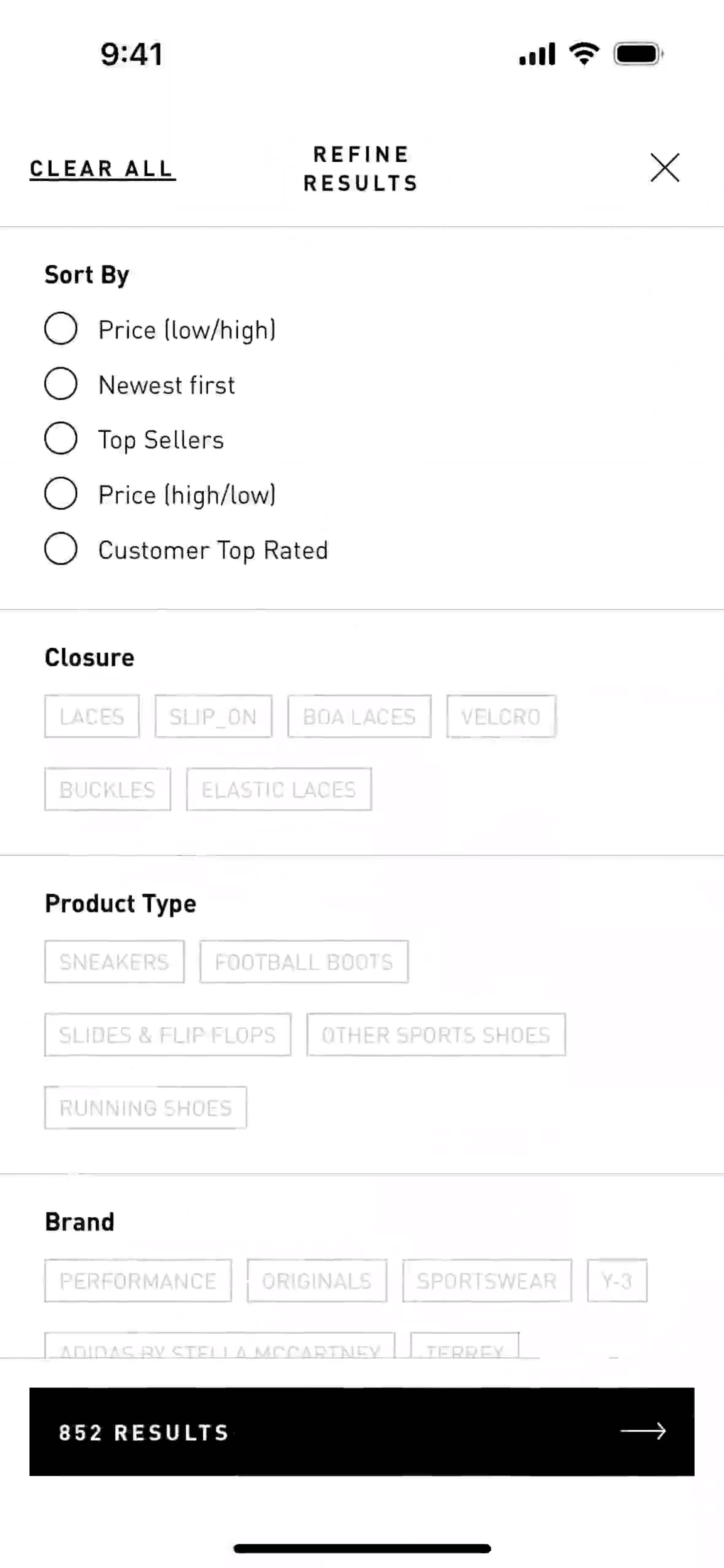Filtering products on adidas (ios) screen 2