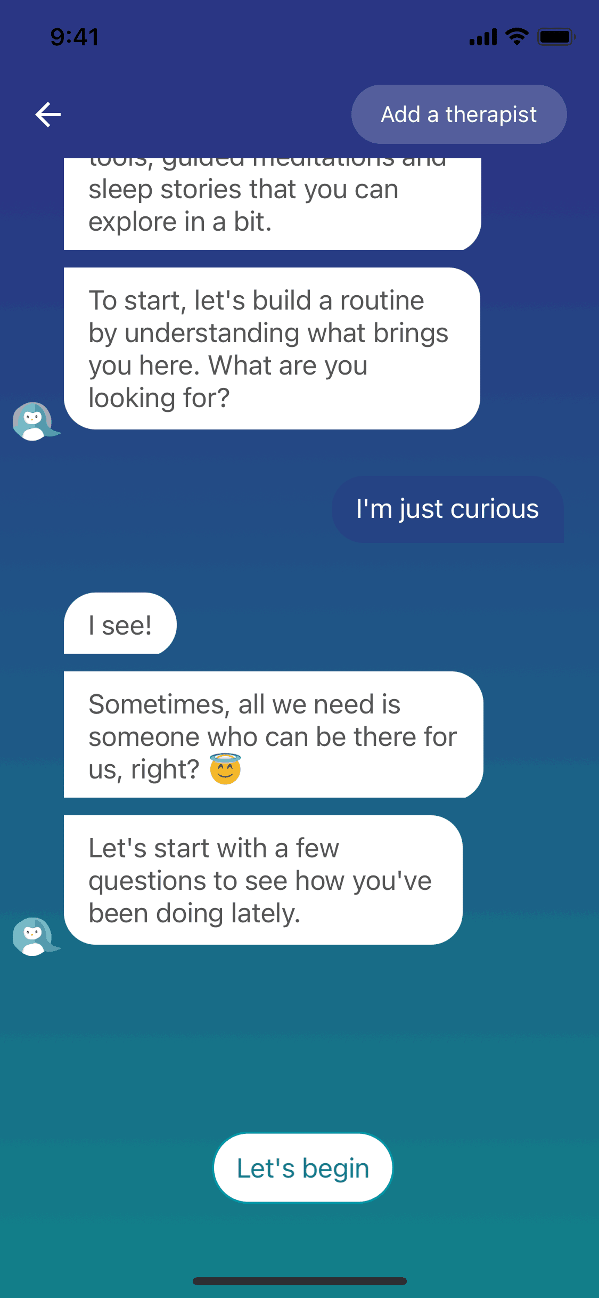 Wysa iOS AI interface screenshot 9