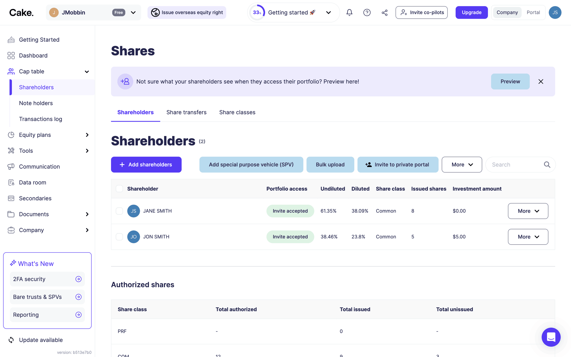 Cake Equity Web Business interface screenshot 2