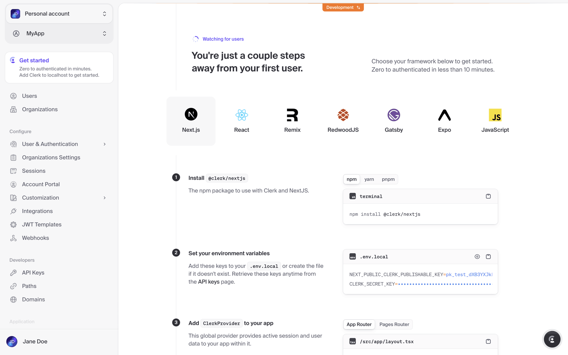 Clerk Web Developer Tools interface screenshot 2