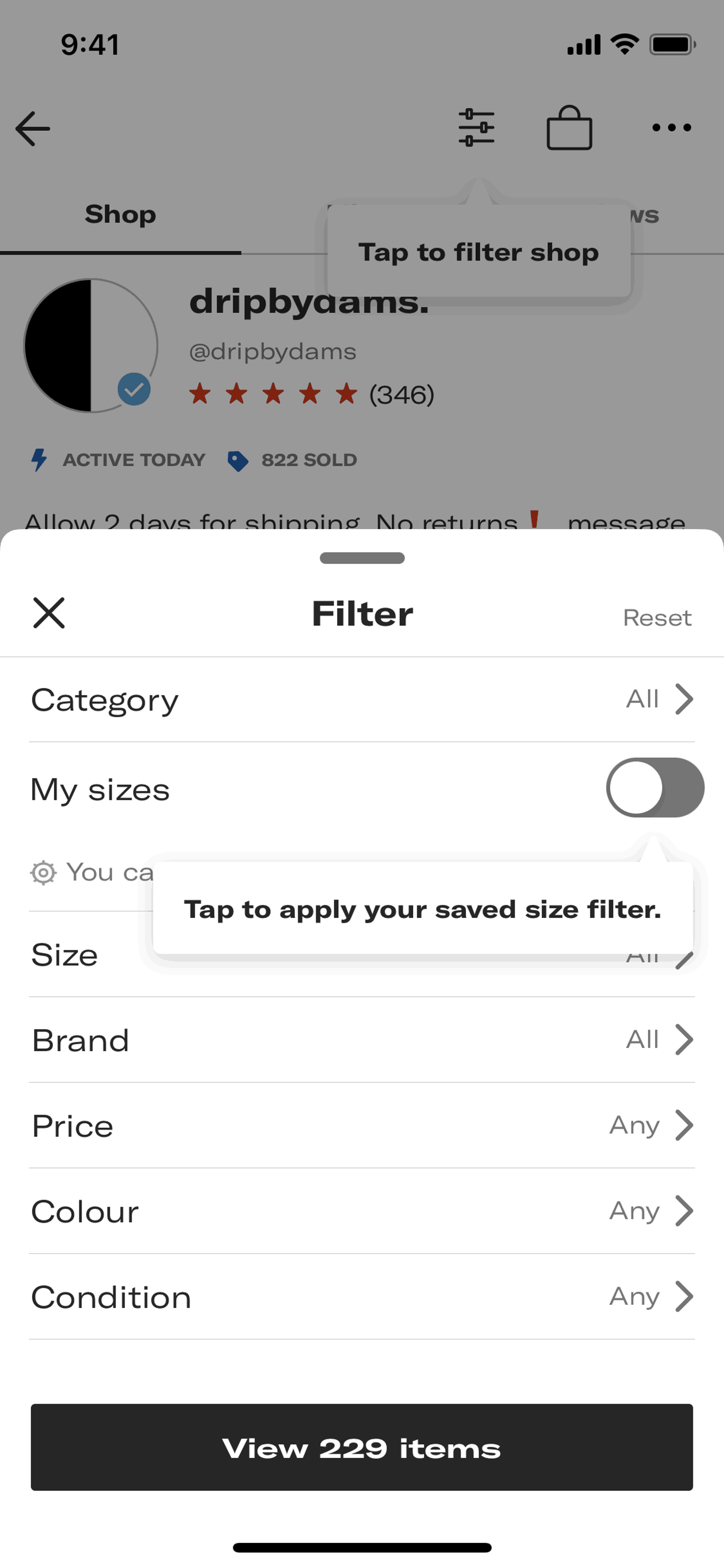 Filtering shop items on Depop (ios) screen 2