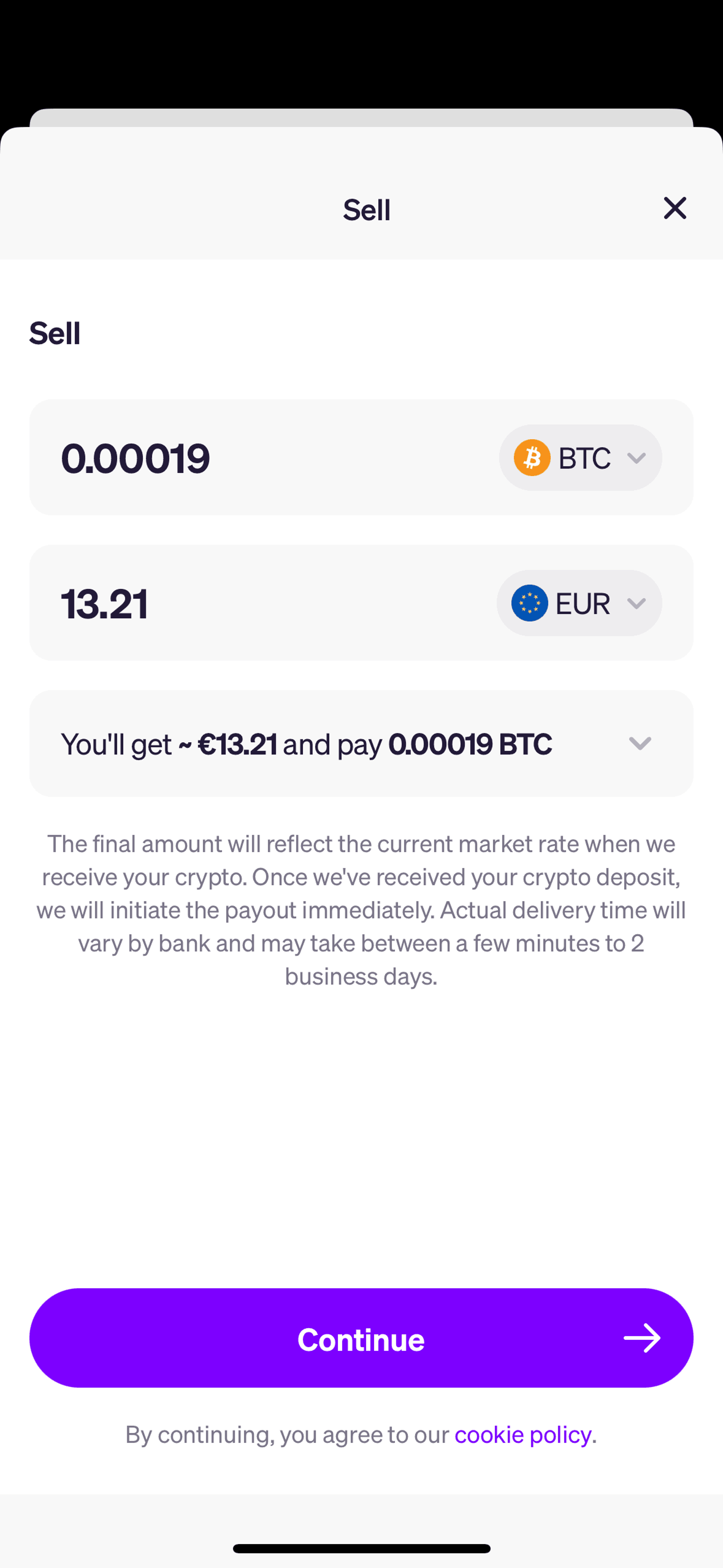 Selling crypto on MoonPay (ios) screen 2
