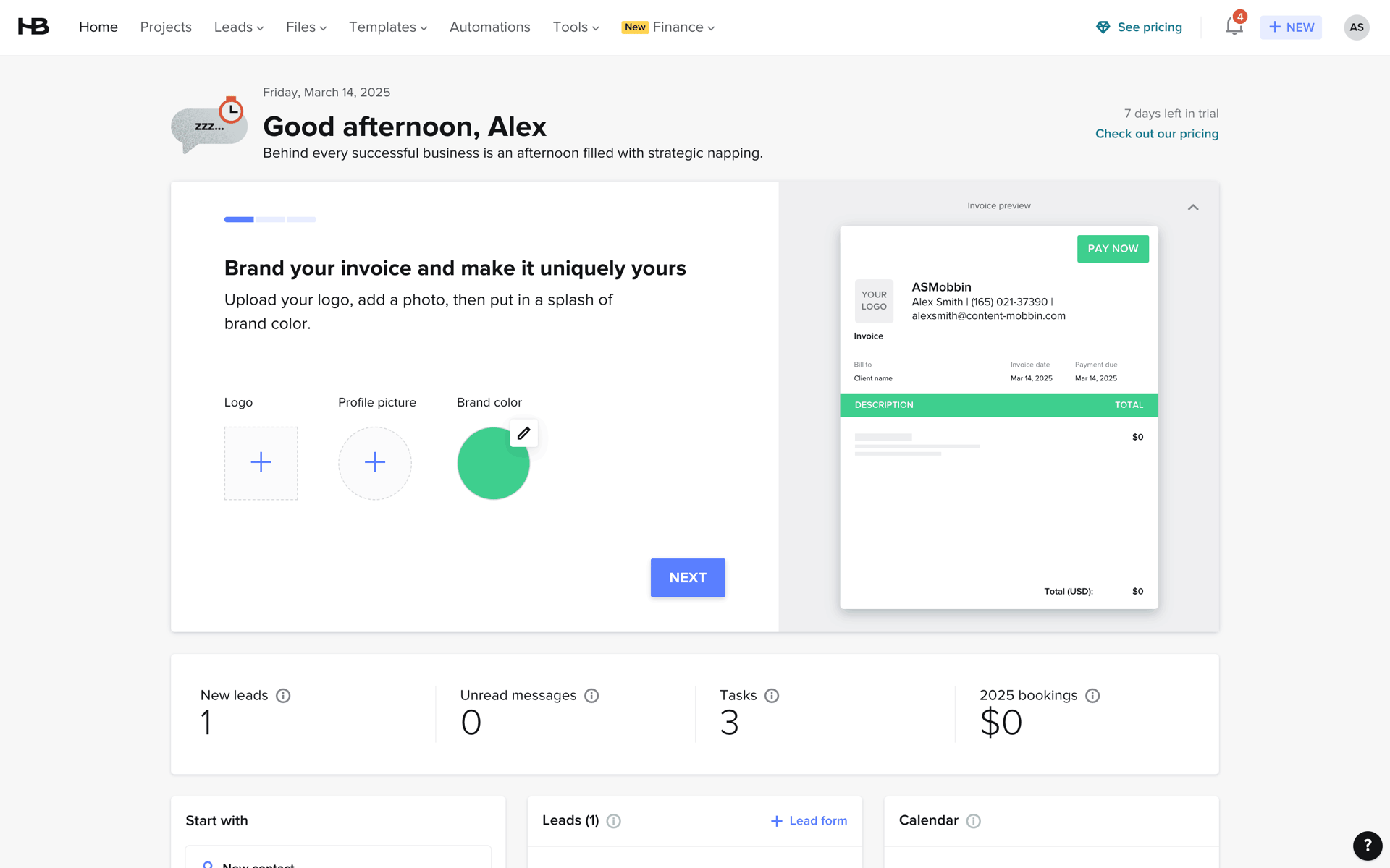 HoneyBook Web Business interface screenshot 23