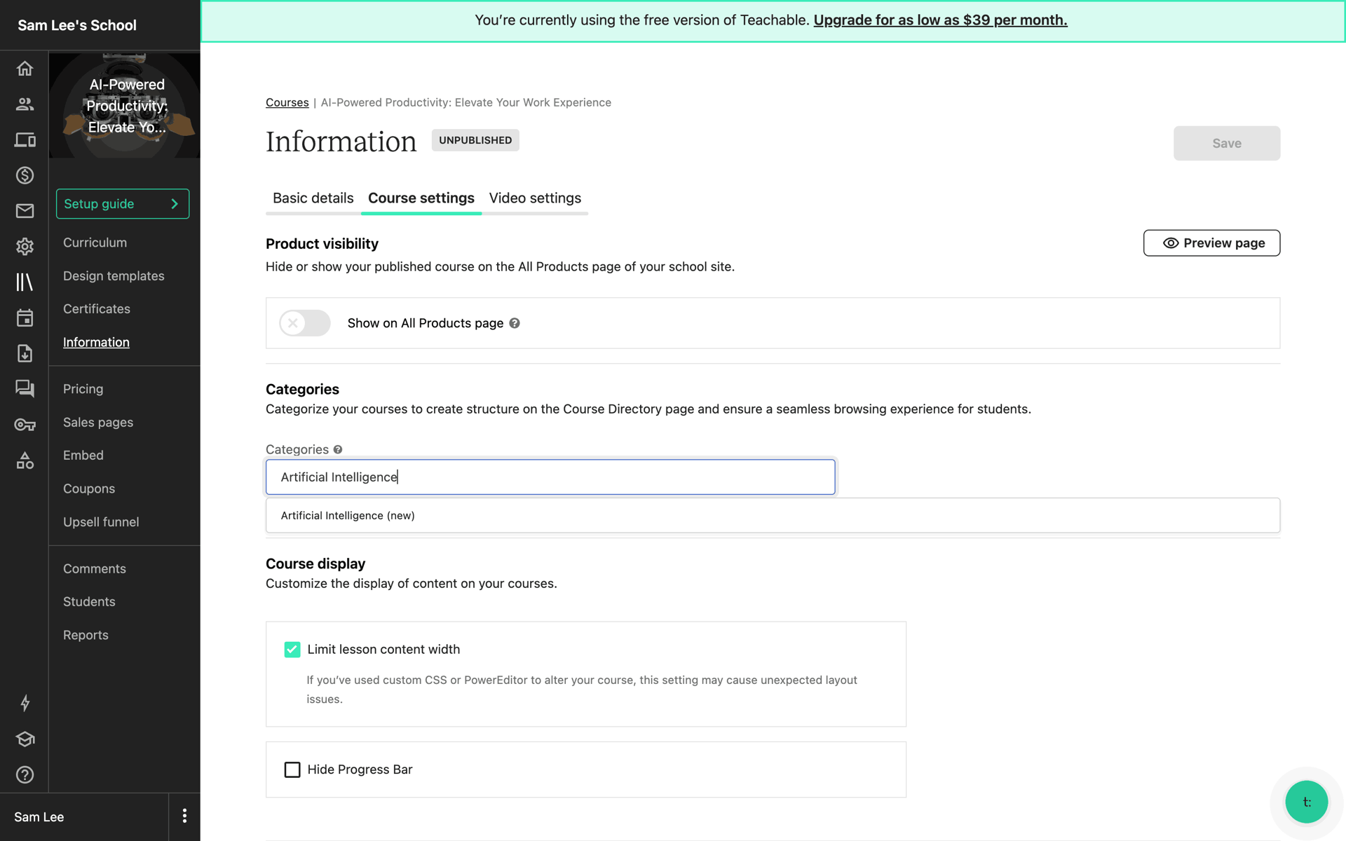 Teachable Web Business interface screenshot 23