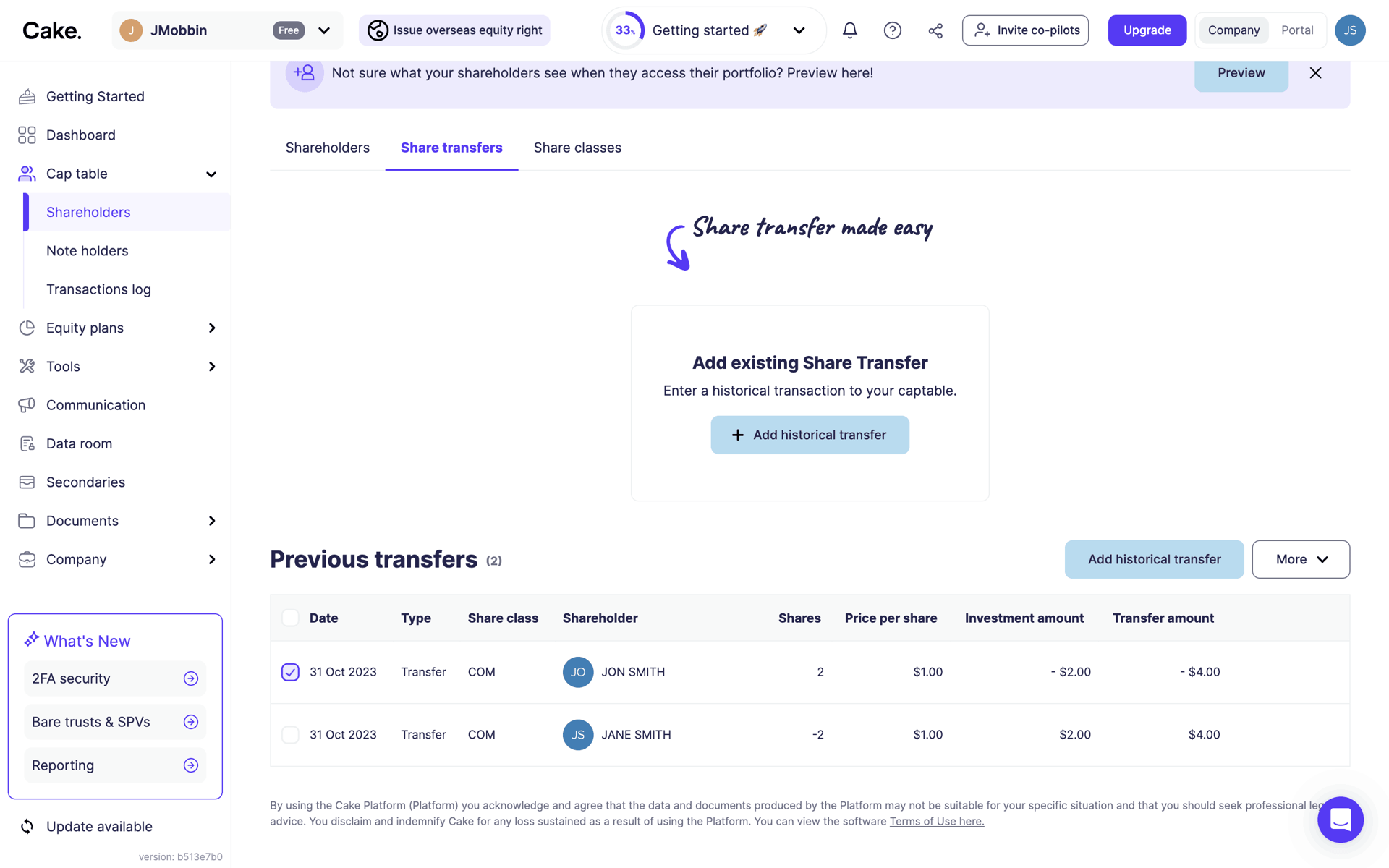 Cake Equity Web Business interface screenshot 23