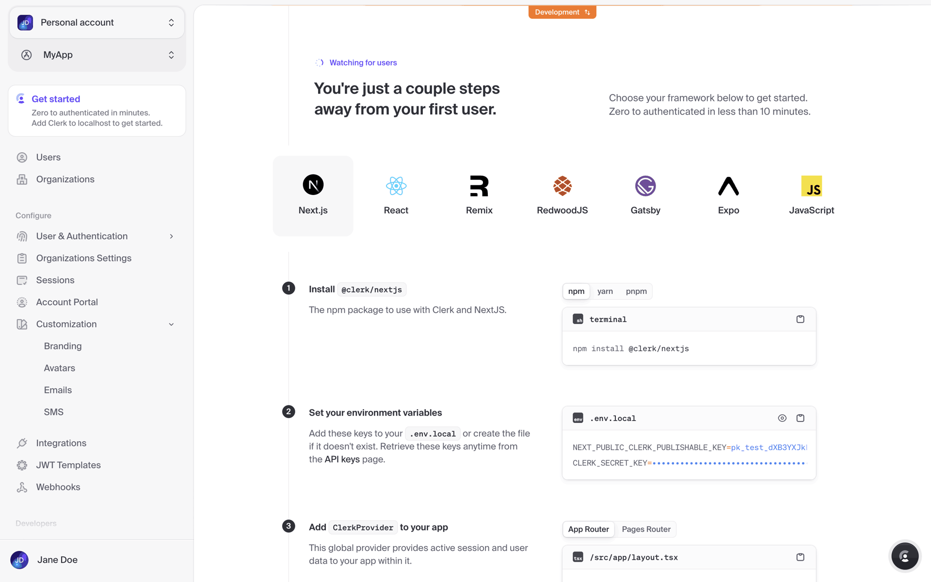 Clerk Web Developer Tools interface screenshot 24
