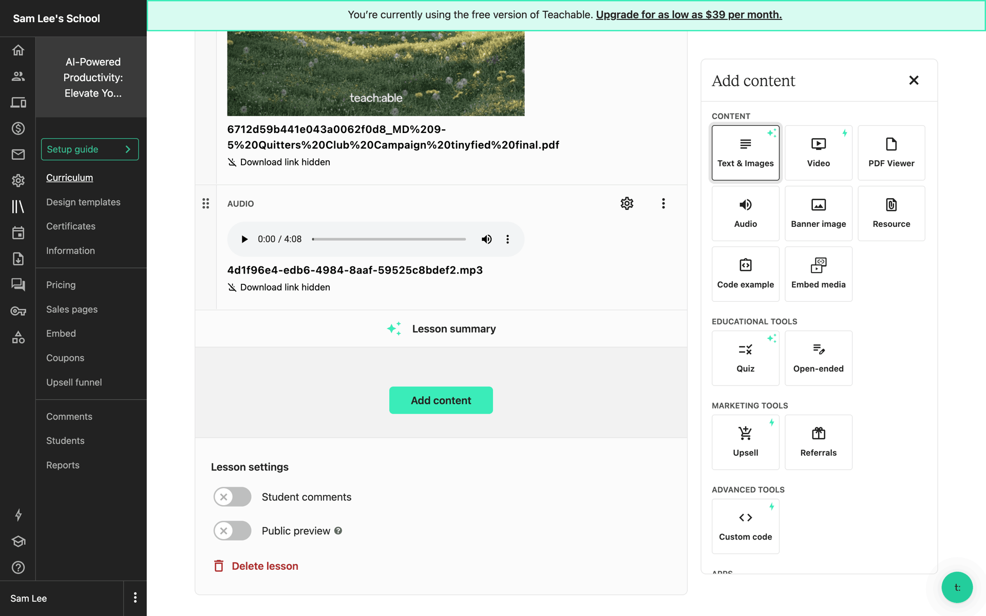 Teachable Web Business interface screenshot 8