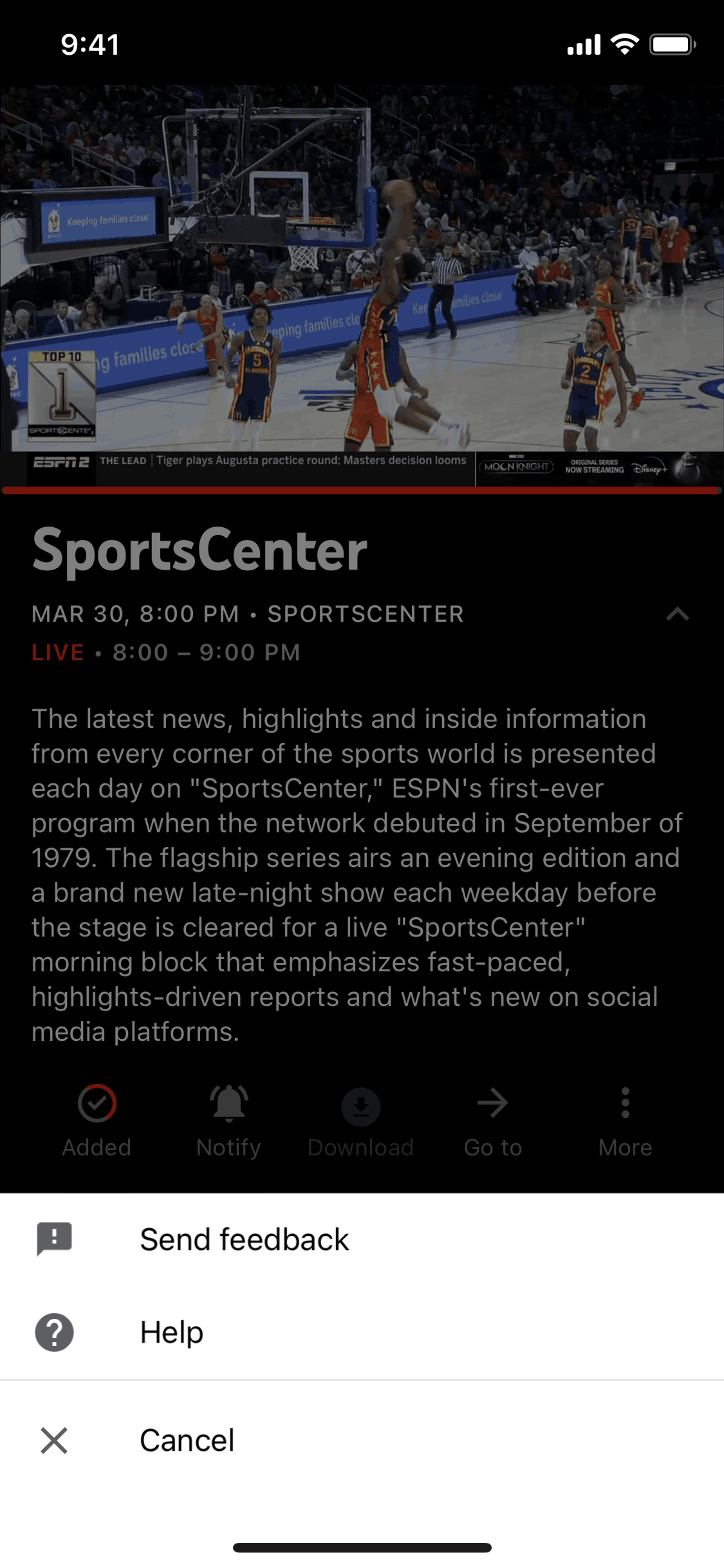 More options on YouTube TV (ios) screen 2
