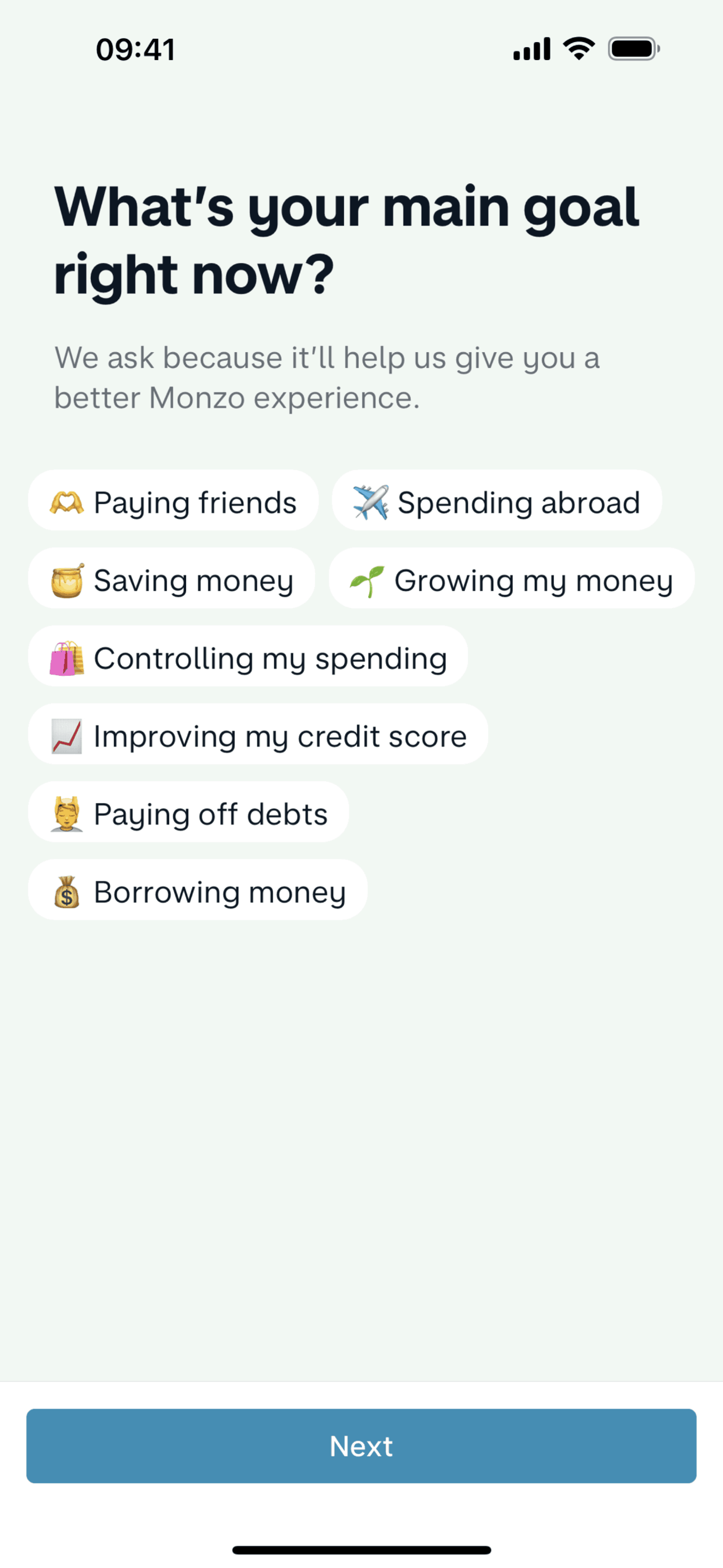 Setting up an account (Your account) on Monzo (ios) screen 2