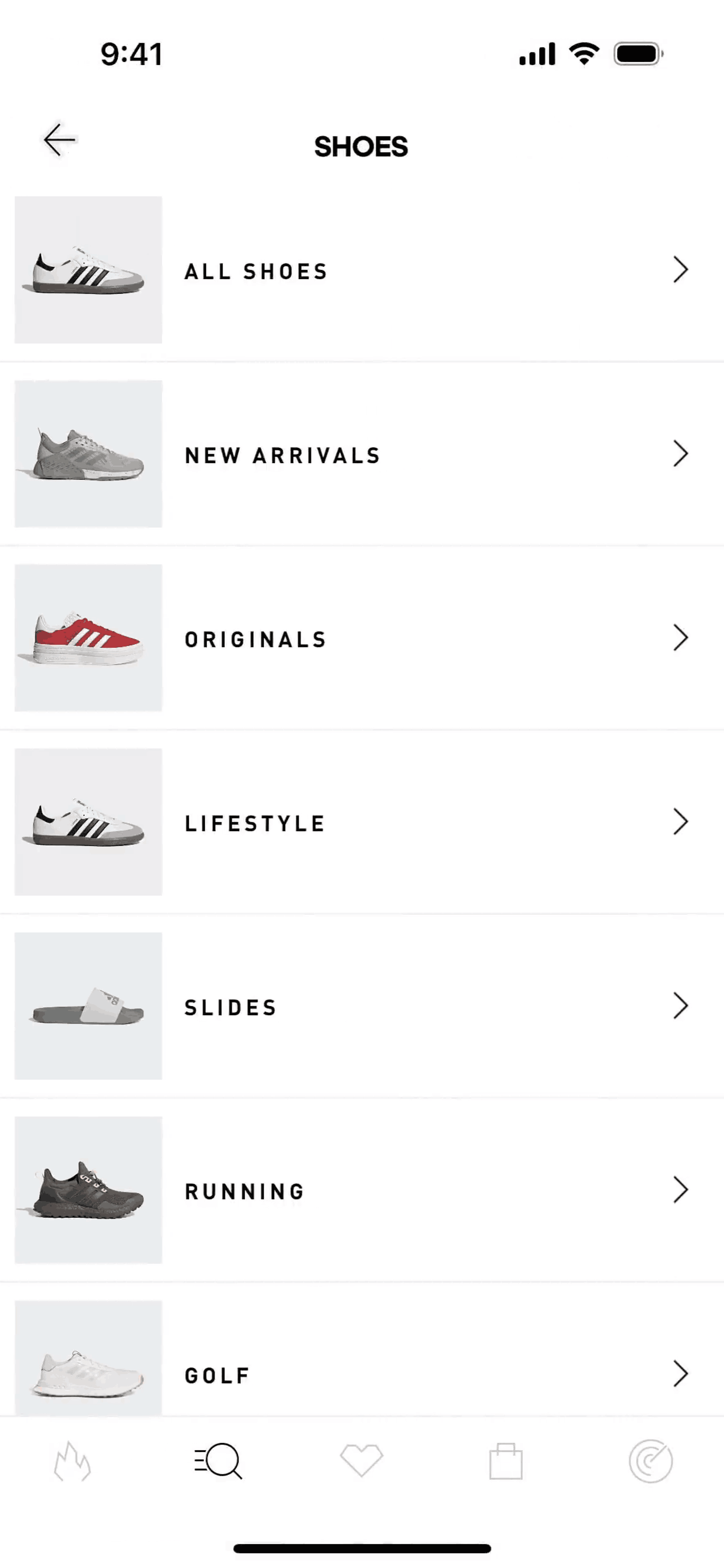 Browse by categories on adidas (ios) screen 2