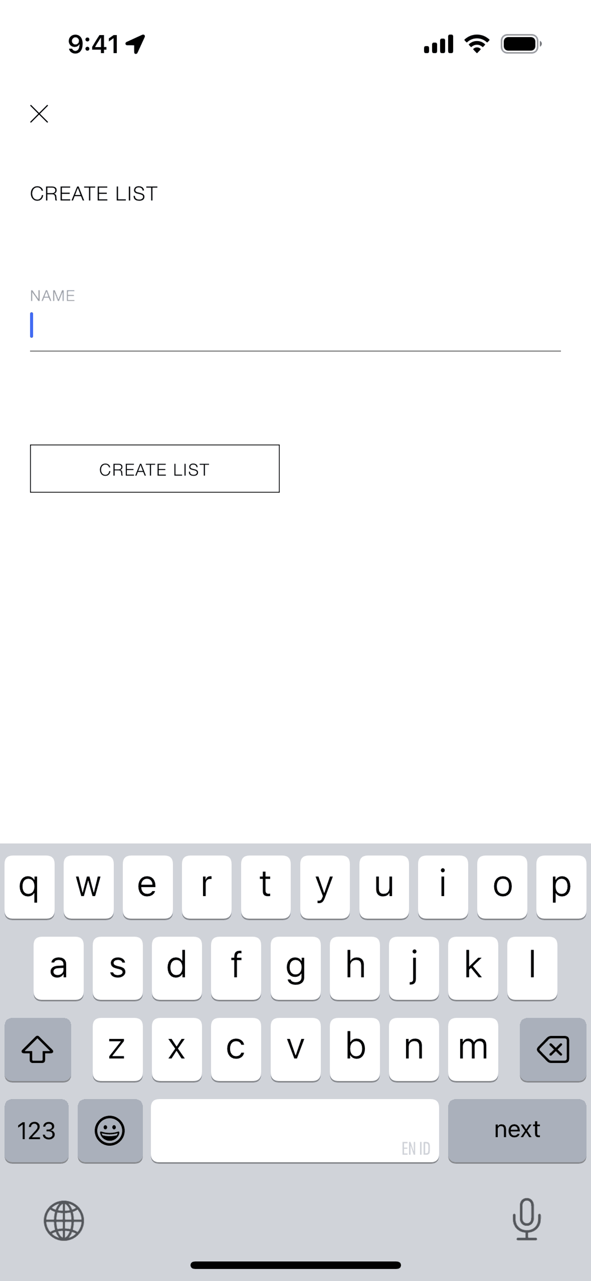 Creating a new list on ZARA (ios) screen 2