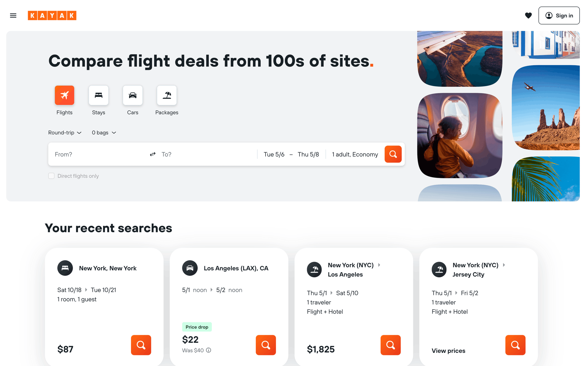 KAYAK Web Travel & Transportation interface screenshot 1