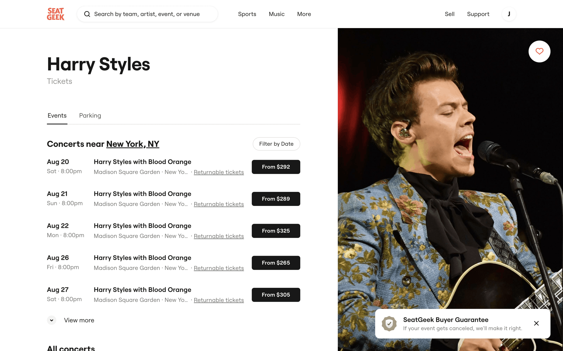 SeatGeek Web Entertainment interface screenshot 9