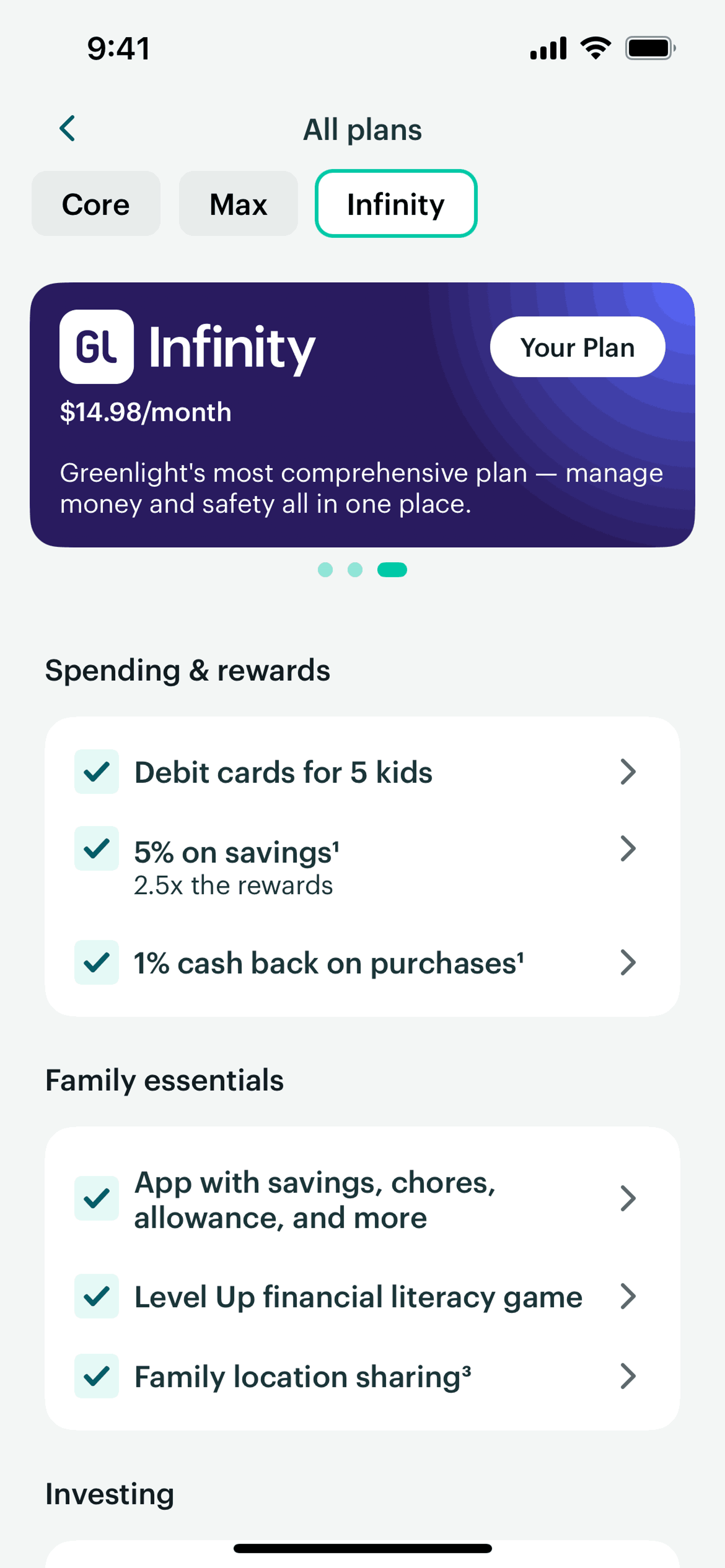 Greenlight iOS Finance interface screenshot 16