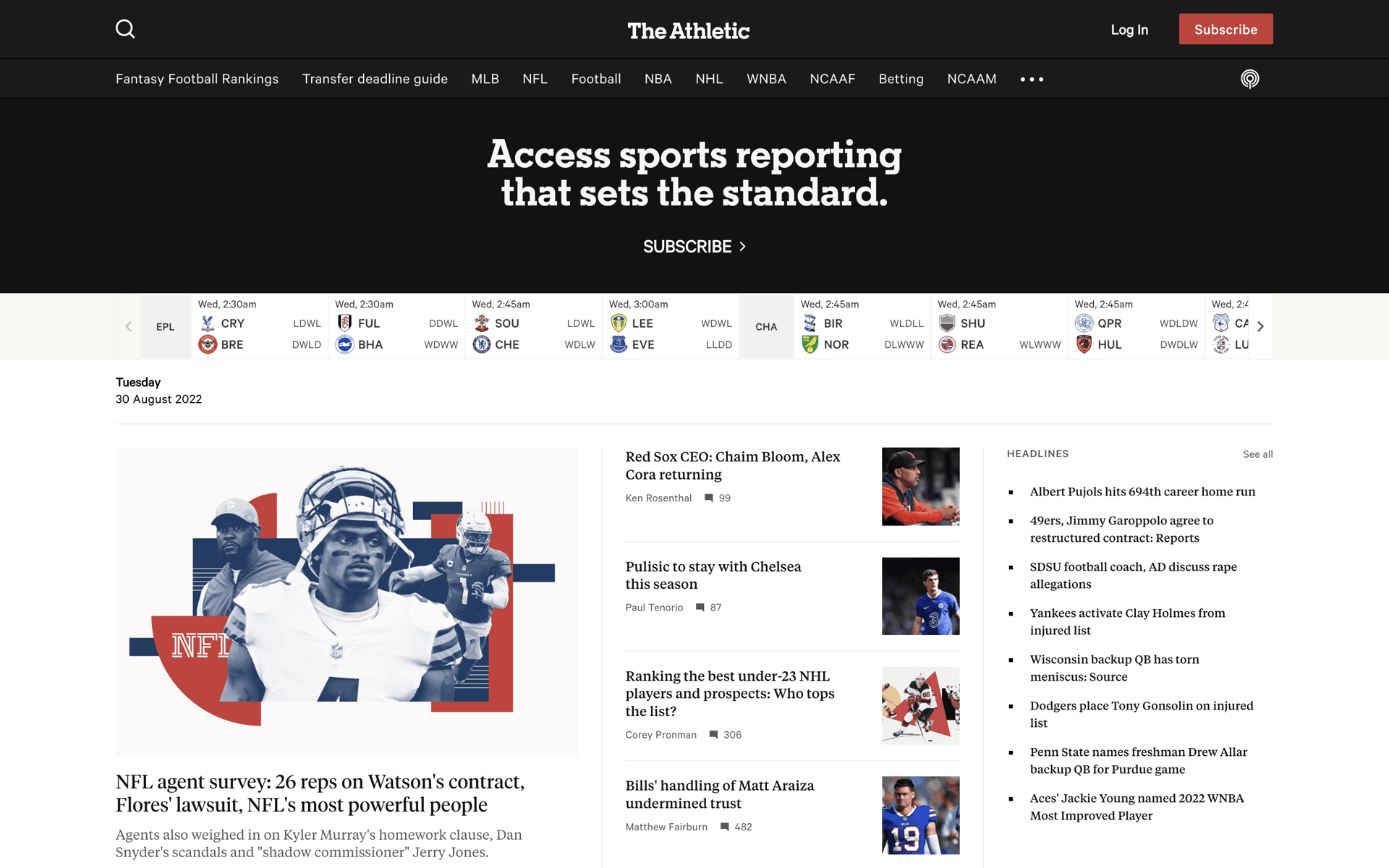 The Athletic Web Sports interface screenshot 1