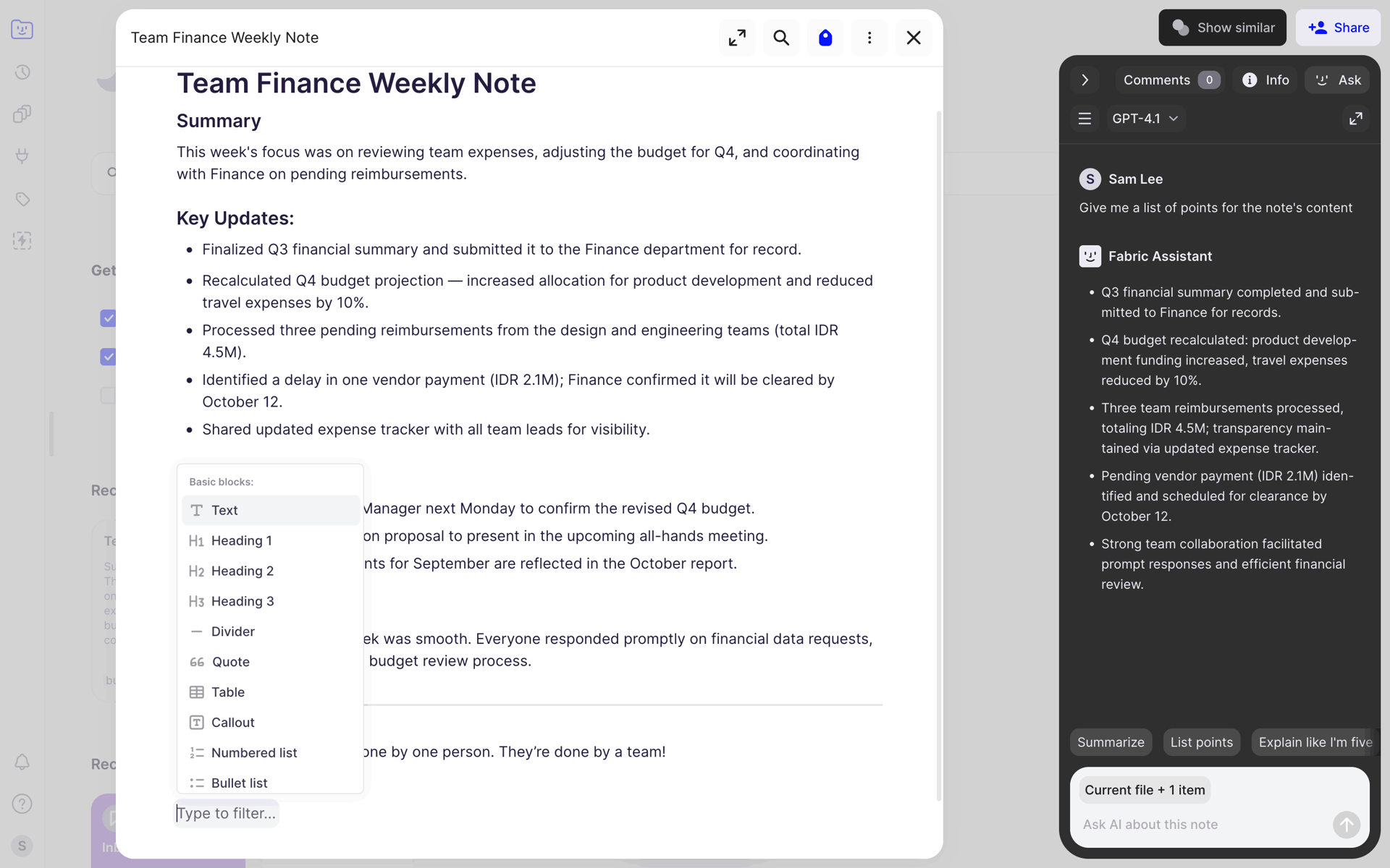 Fabric Web Productivity interface screenshot 10