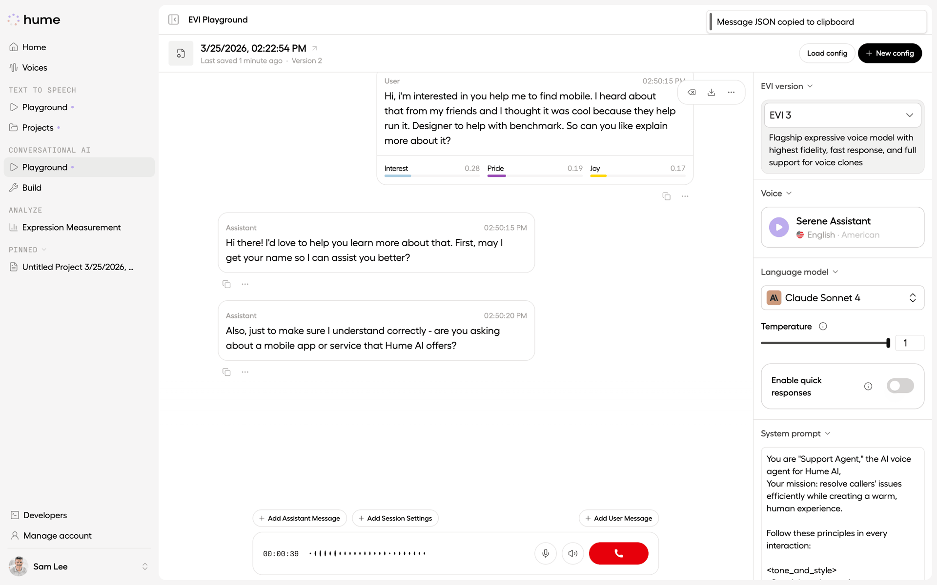 Hume AI Web emotion recognition interface screenshot 3