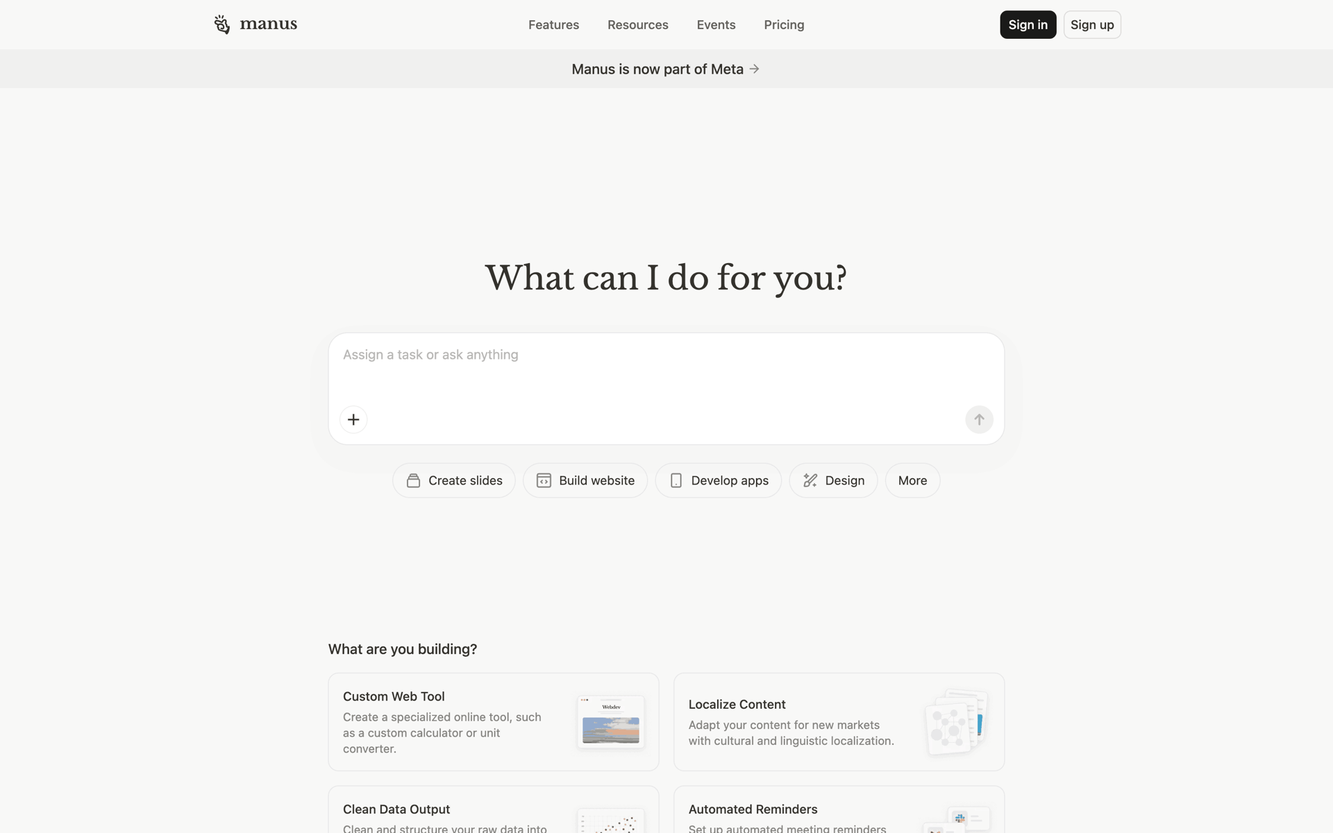Manus Web AI interface screenshot 1