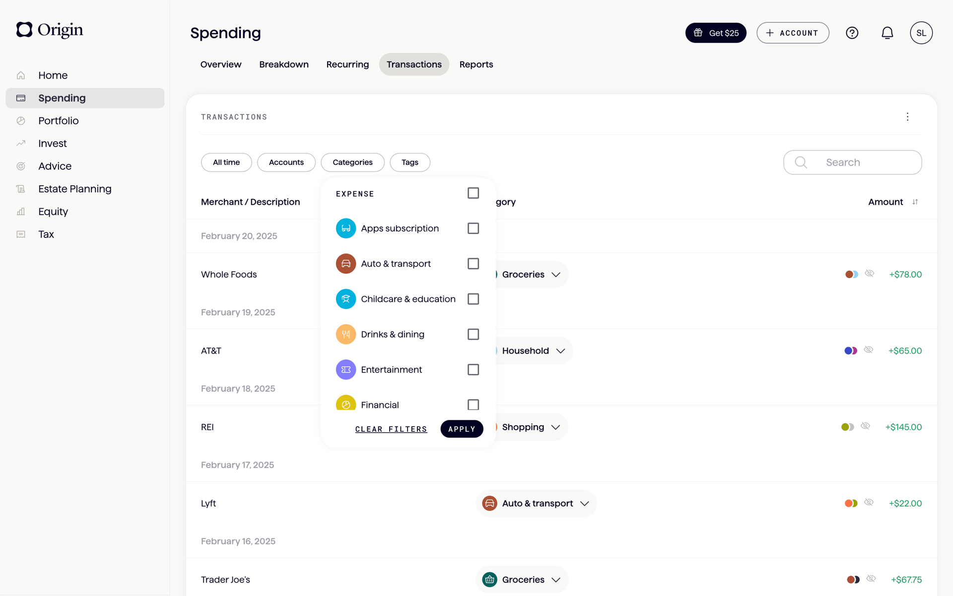 Origin Web Finance interface screenshot 5