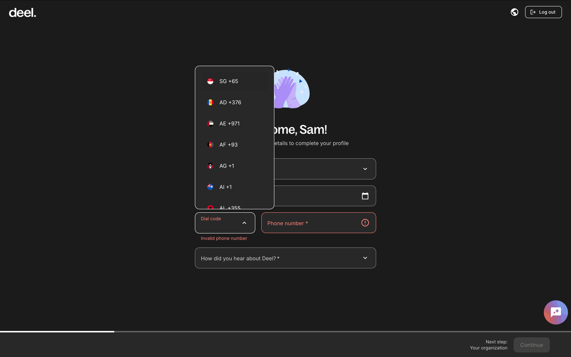Completing sign up on Deel (web) screen 4