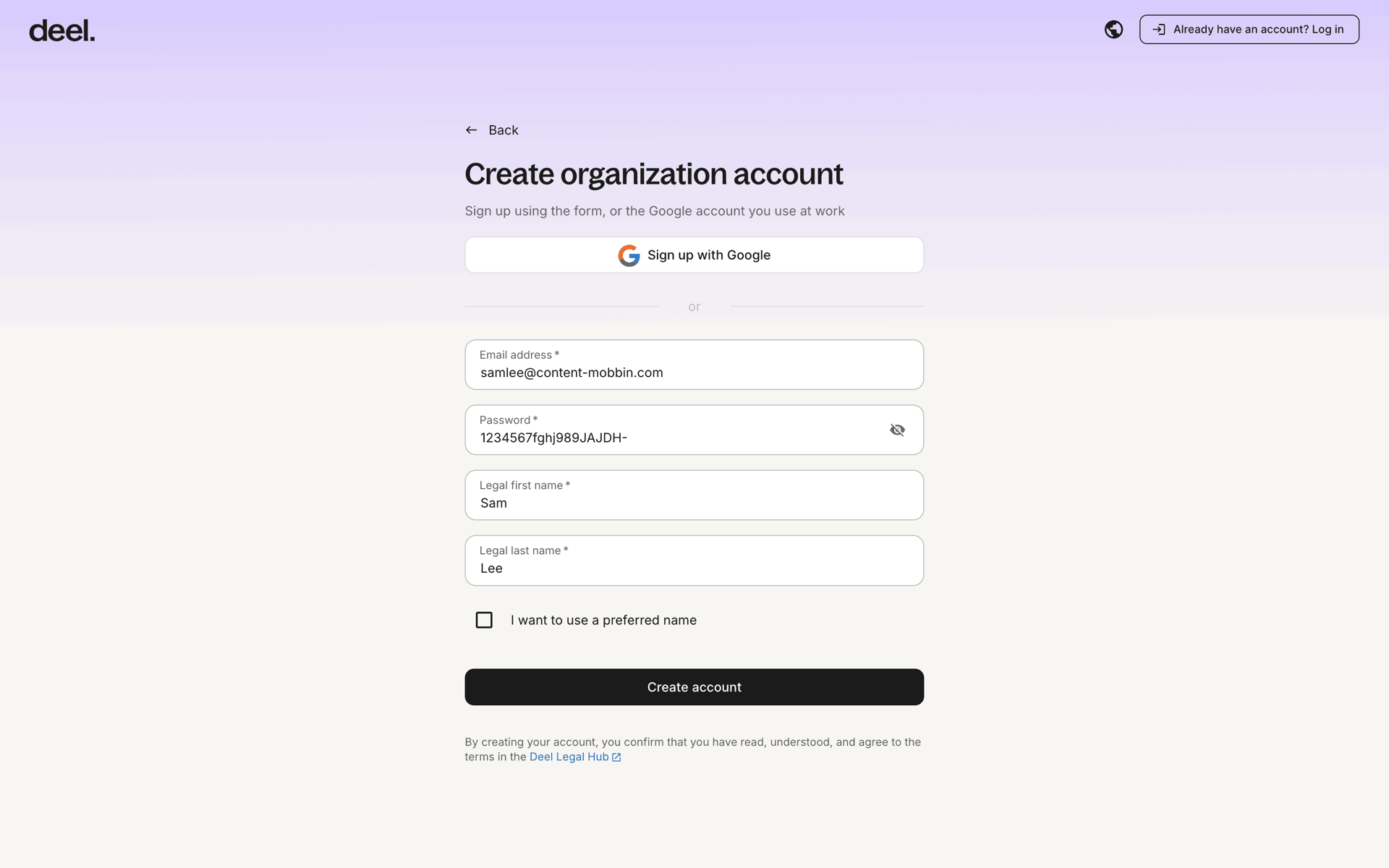 Completing sign up on Deel (web) screen 1