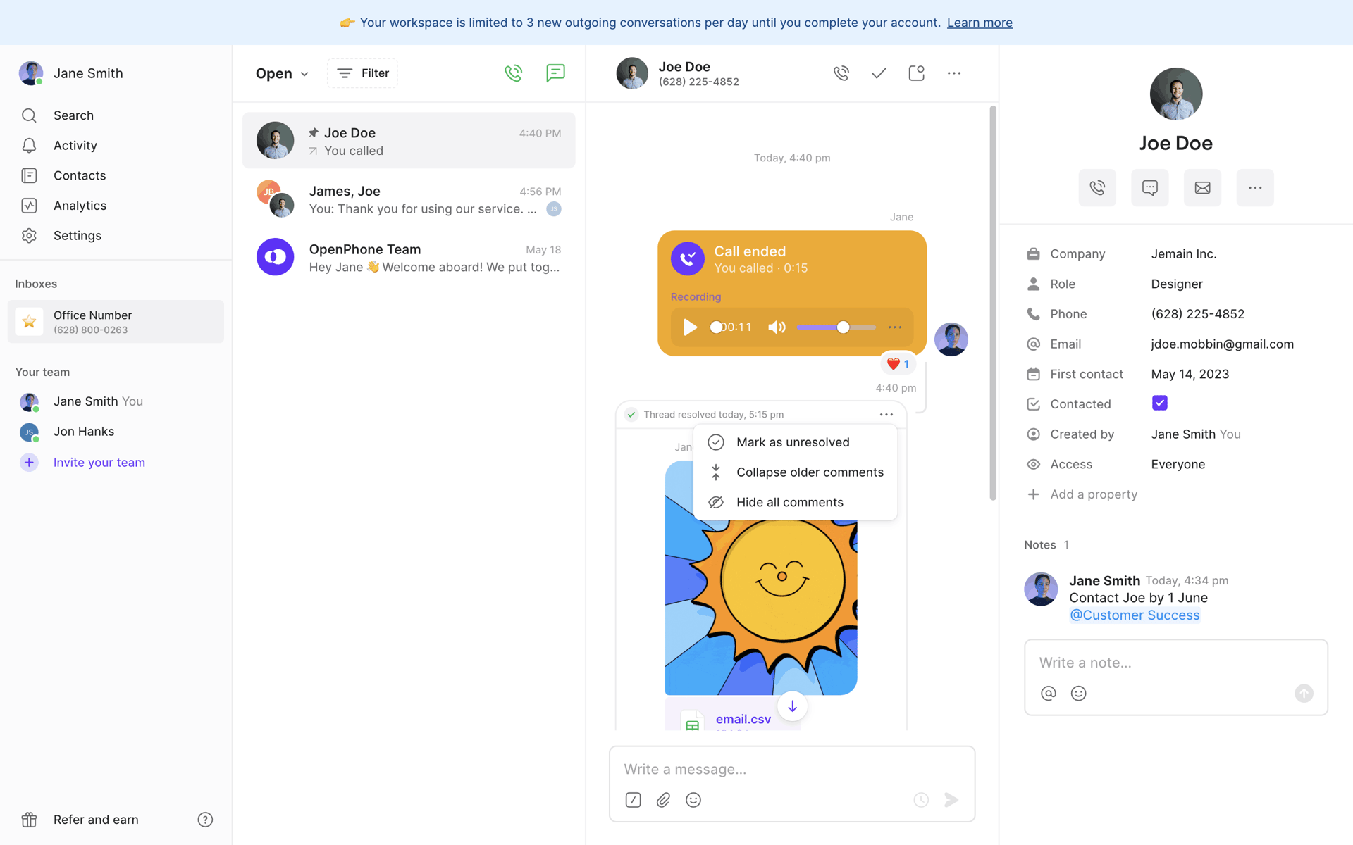 OpenPhone Web Business interface screenshot 24