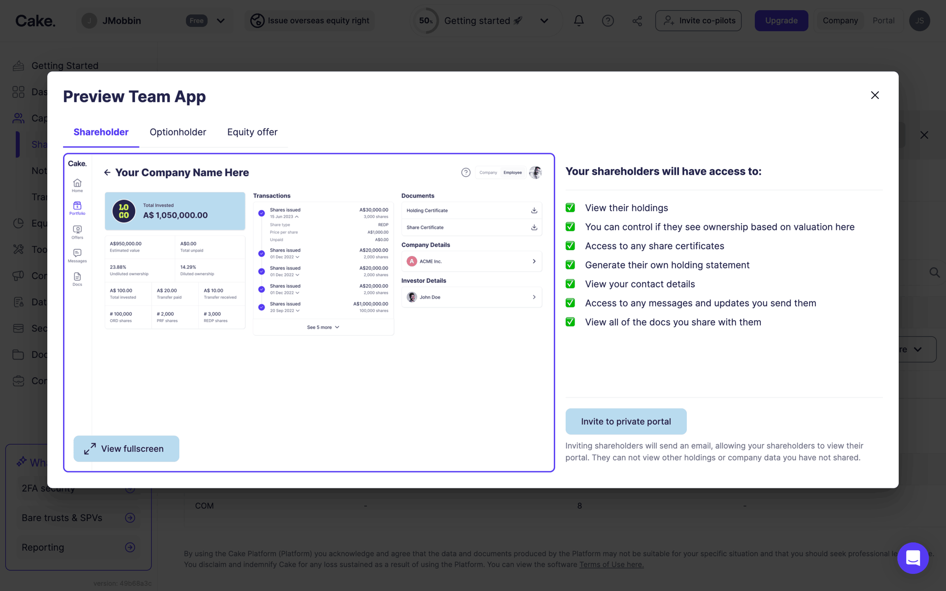 Cake Equity Web Business interface screenshot 7