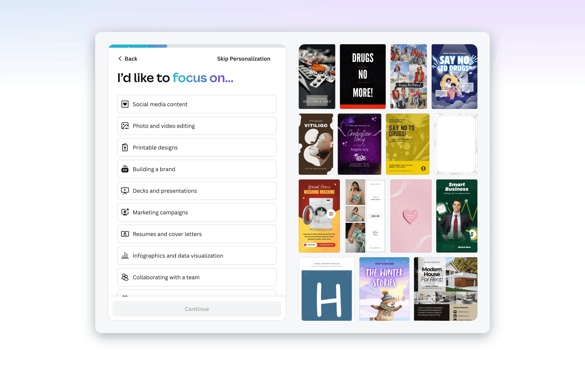 Onboarding on Canva (web) screen 9
