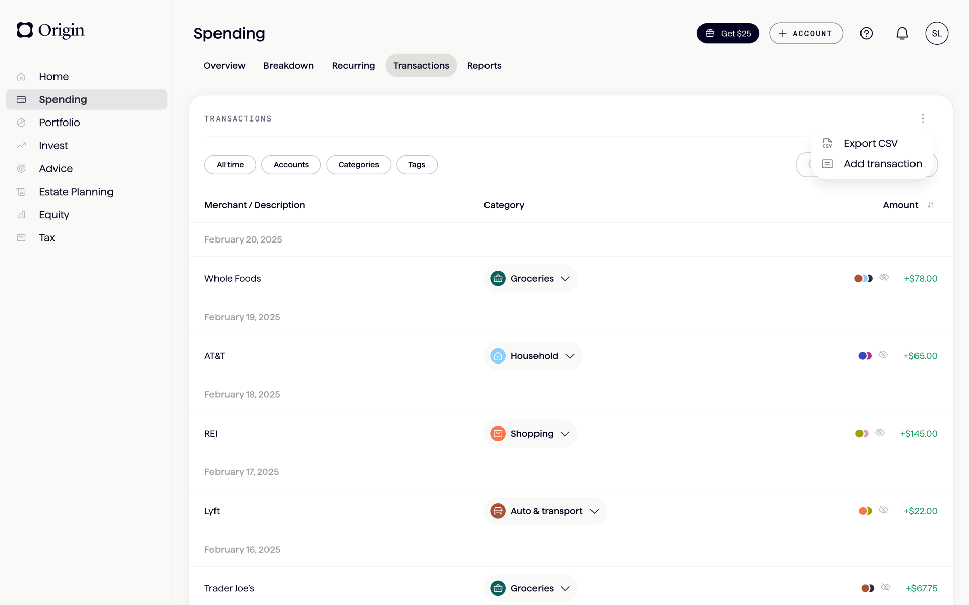 Origin Web Finance interface screenshot 6