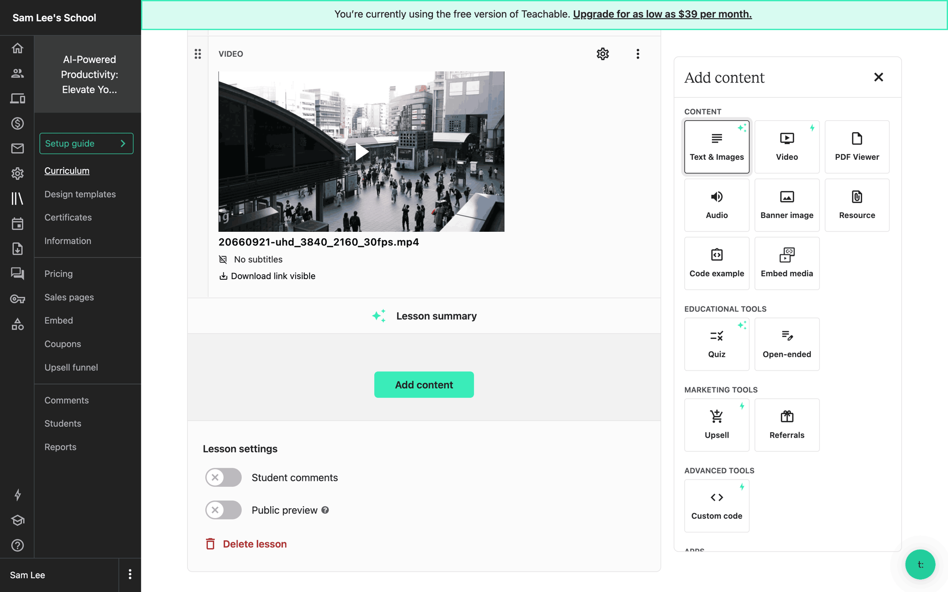 Teachable Web Business interface screenshot 6