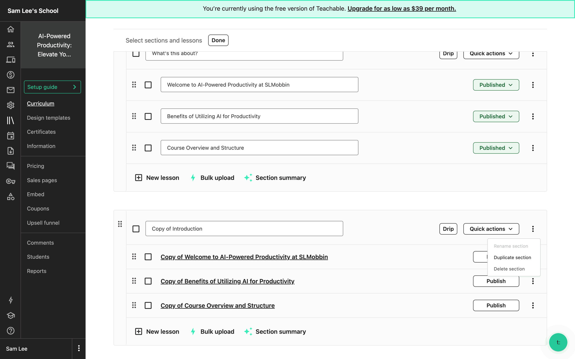 Teachable Web Business interface screenshot 19