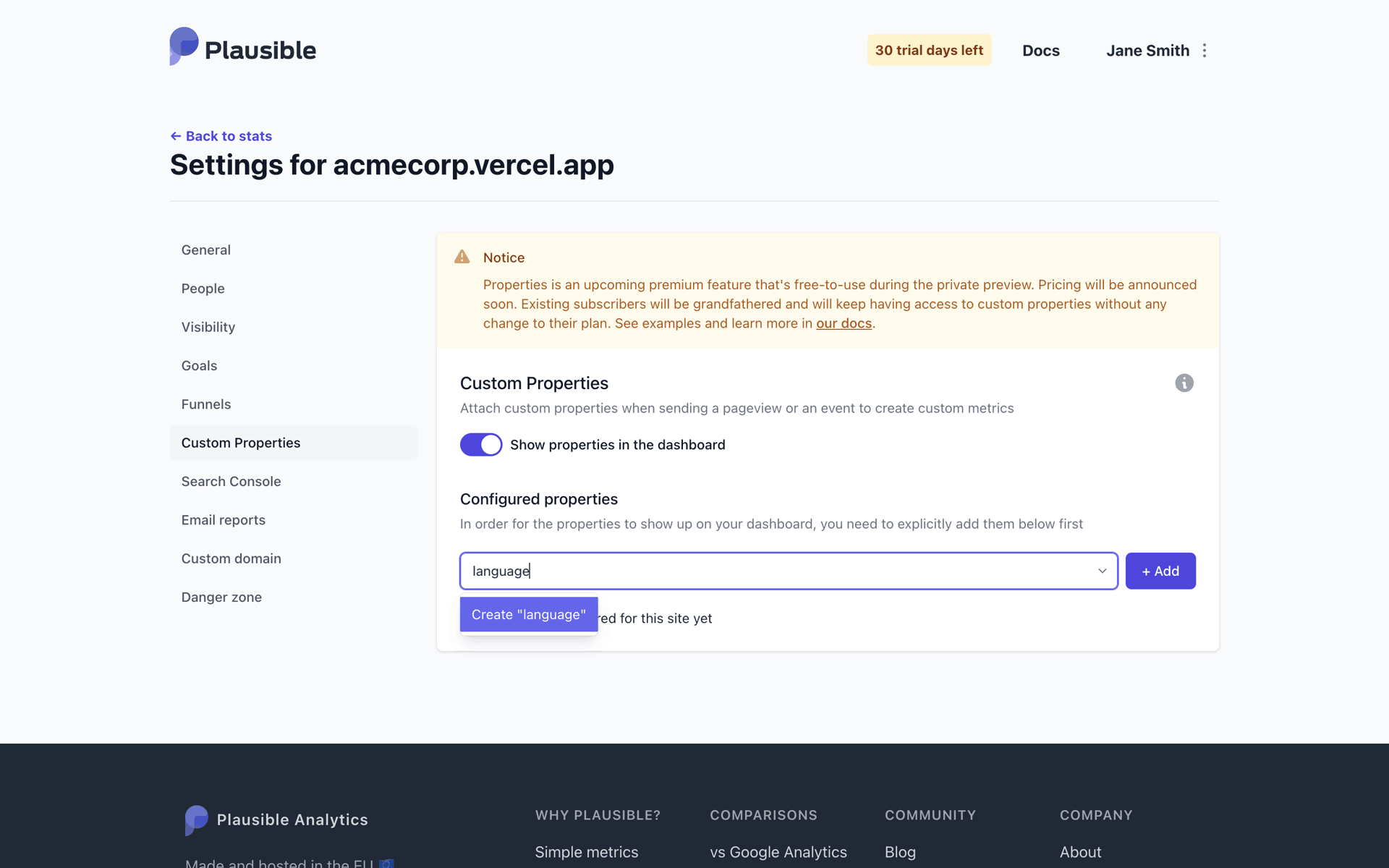 Plausible Analytics Web Business interface screenshot 11