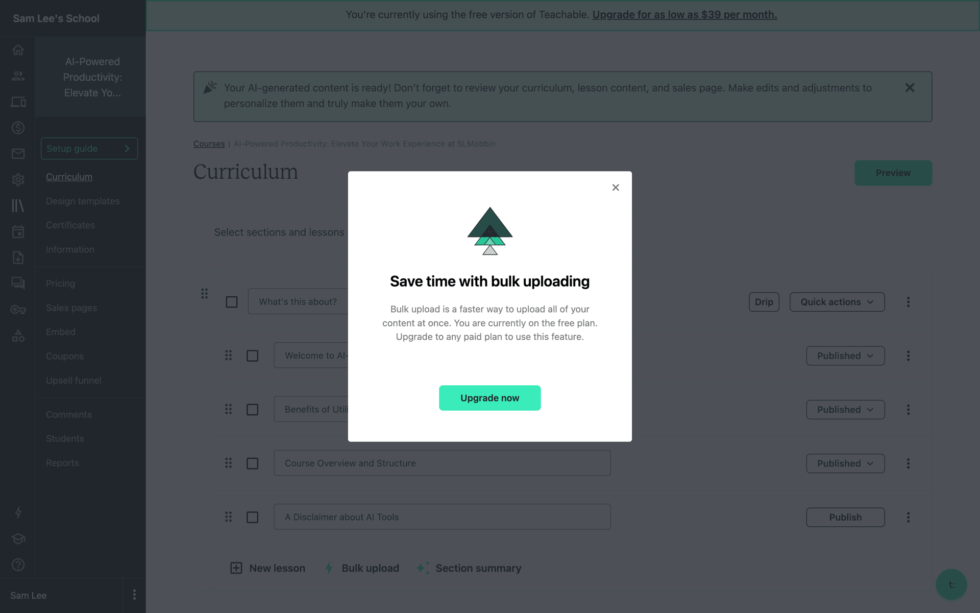 Teachable Web Business interface screenshot 14