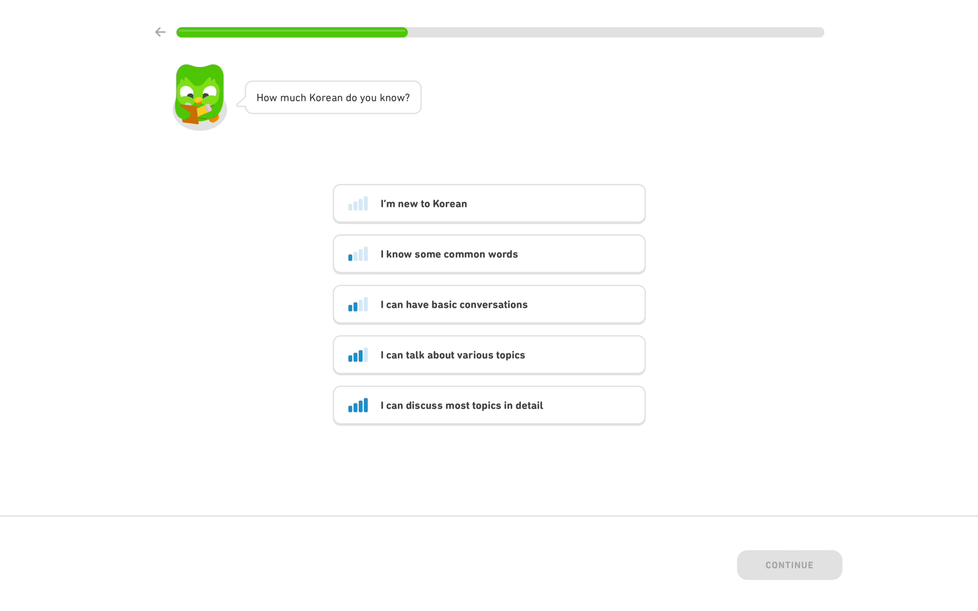 Onboarding on Duolingo (web) screen 7