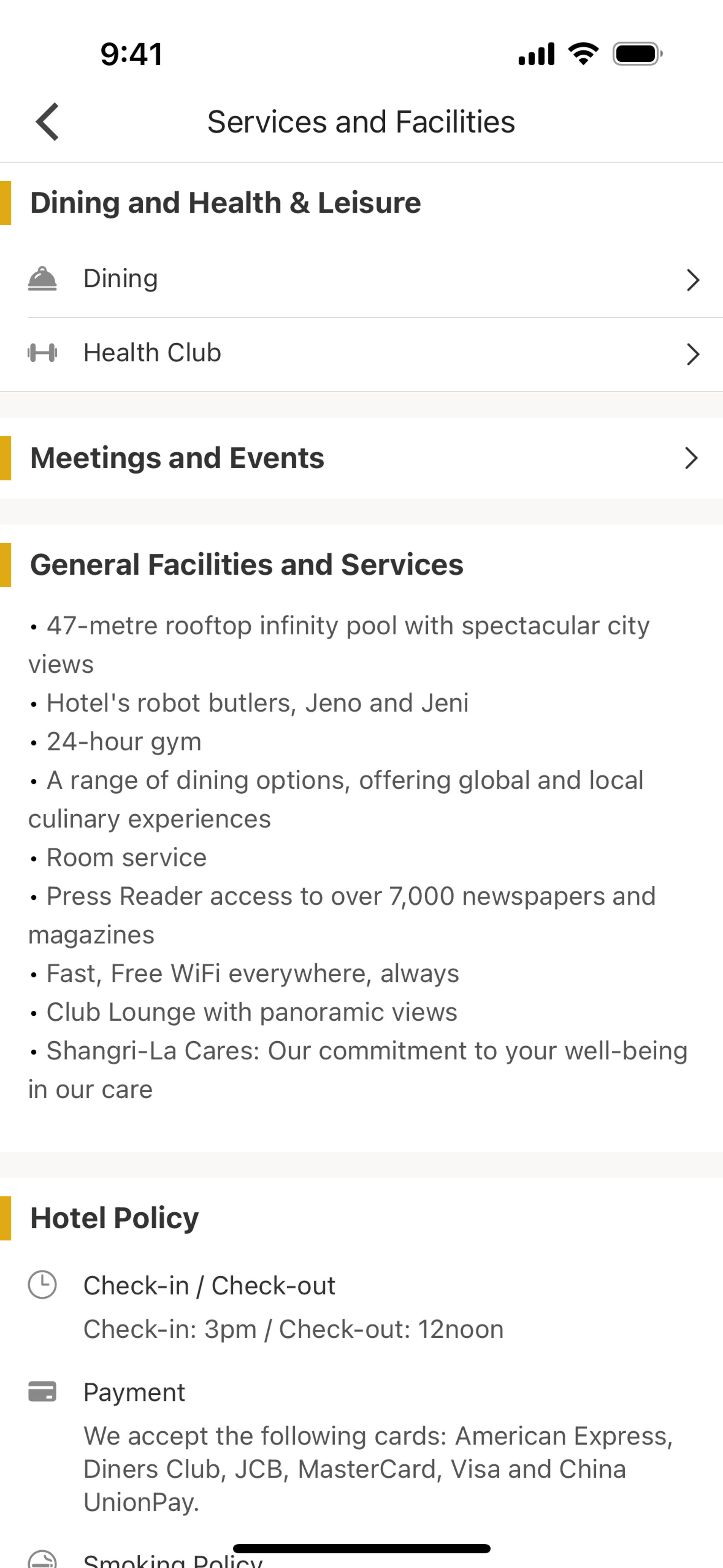 Services and facilities on Shangri-La Circle (ios) screen 2
