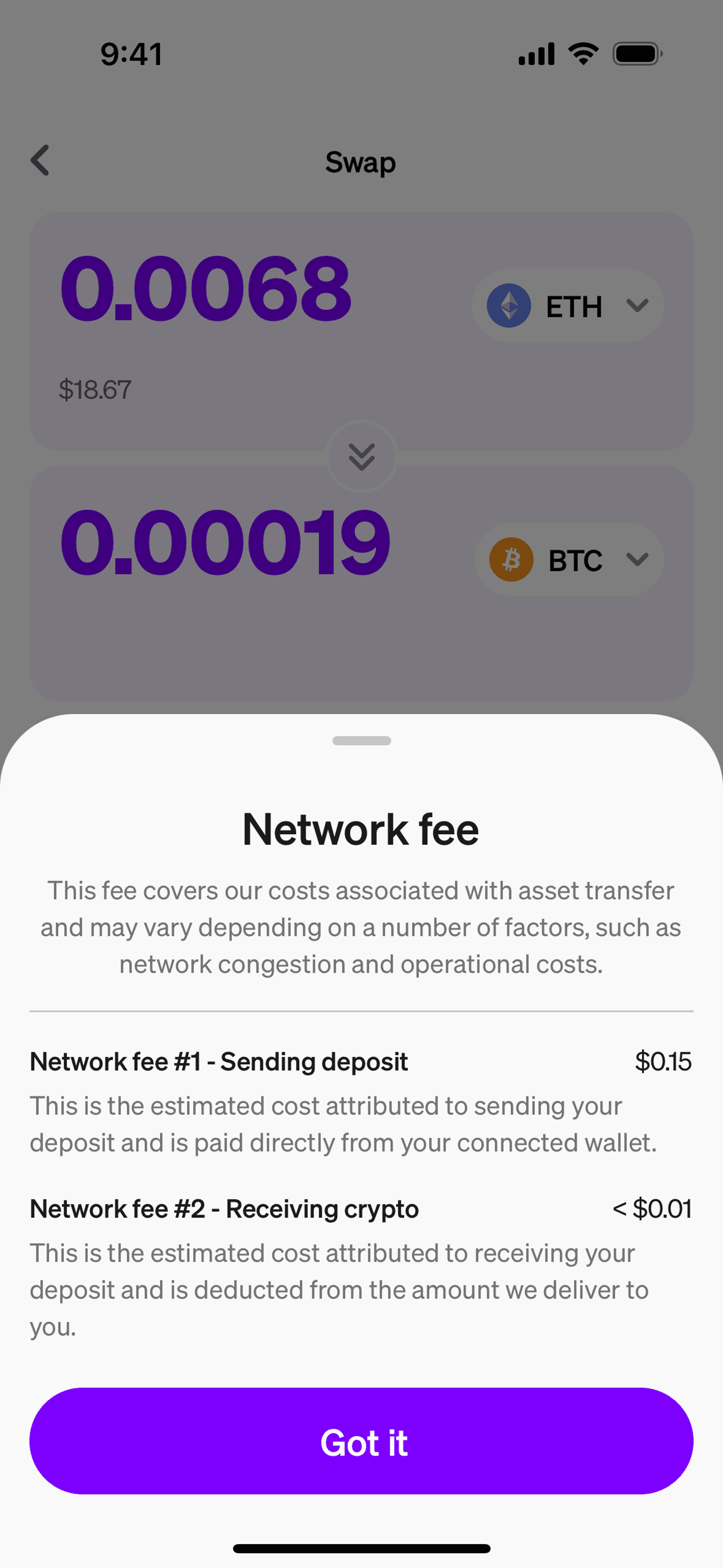 Network fee on MoonPay (ios) screen 2