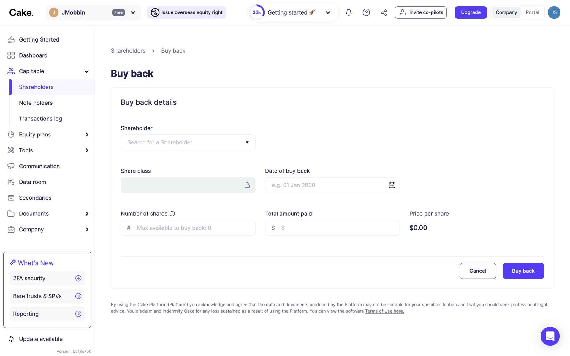 Cake Equity Web Business interface screenshot 13