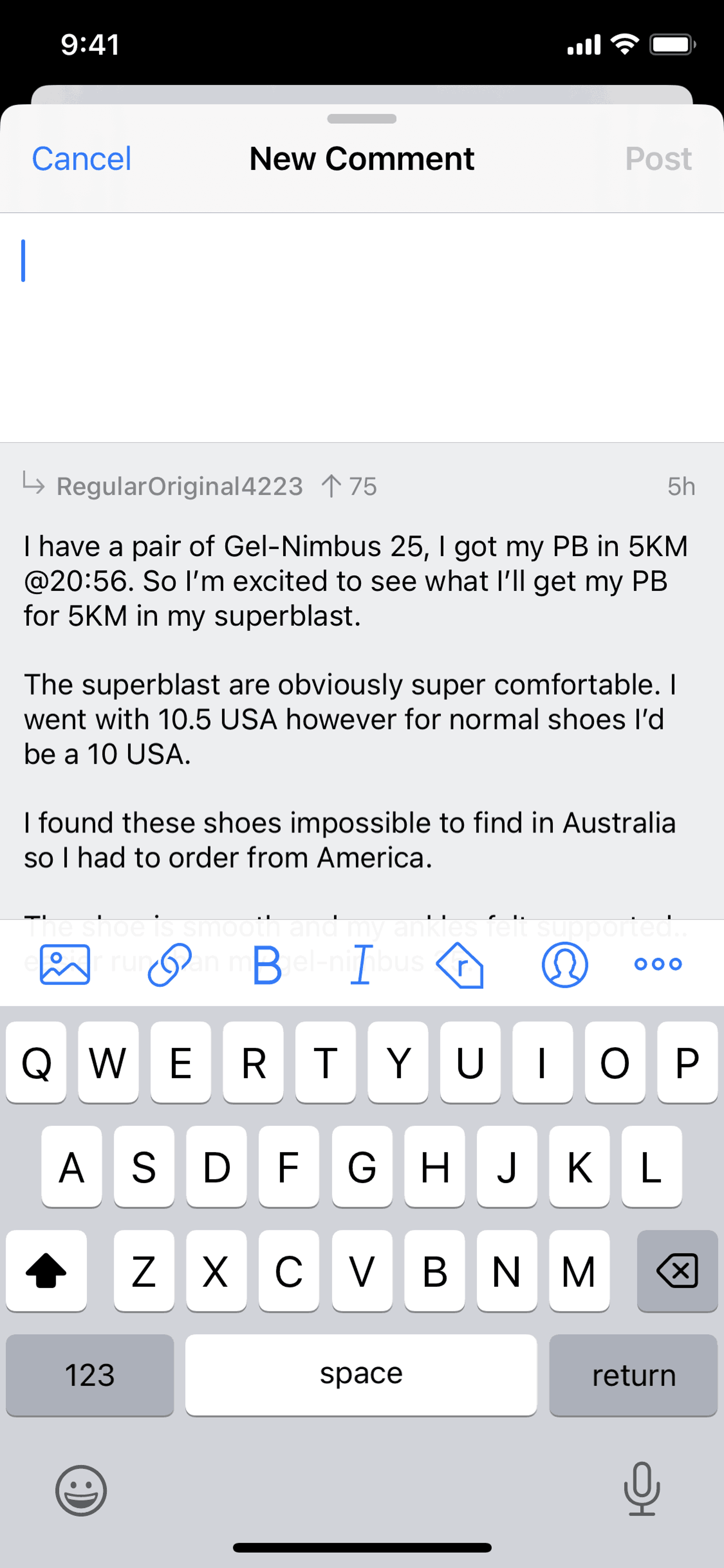 Commenting on a post on Apollo for Reddit (ios) screen 2