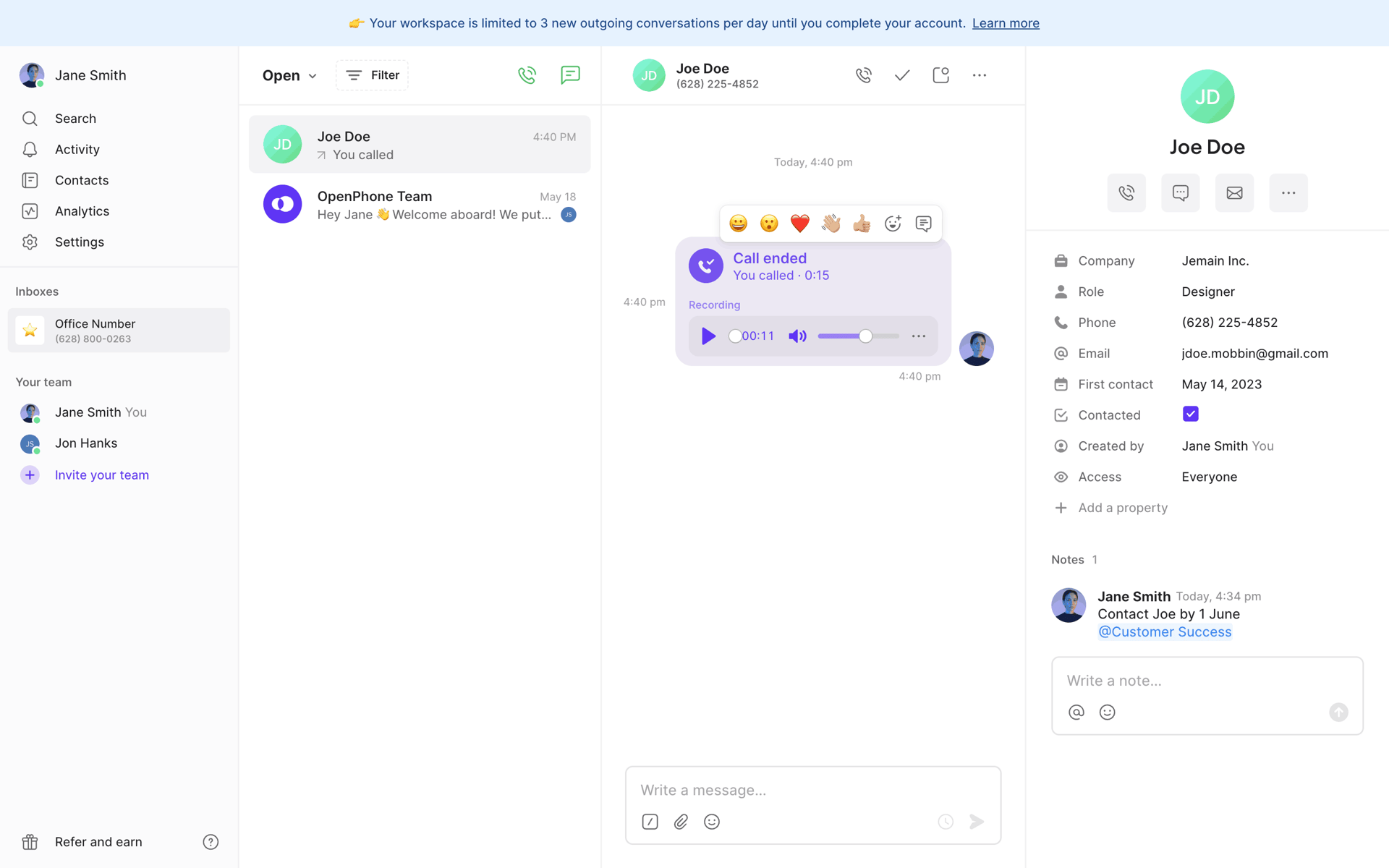 OpenPhone Web Business interface screenshot 17