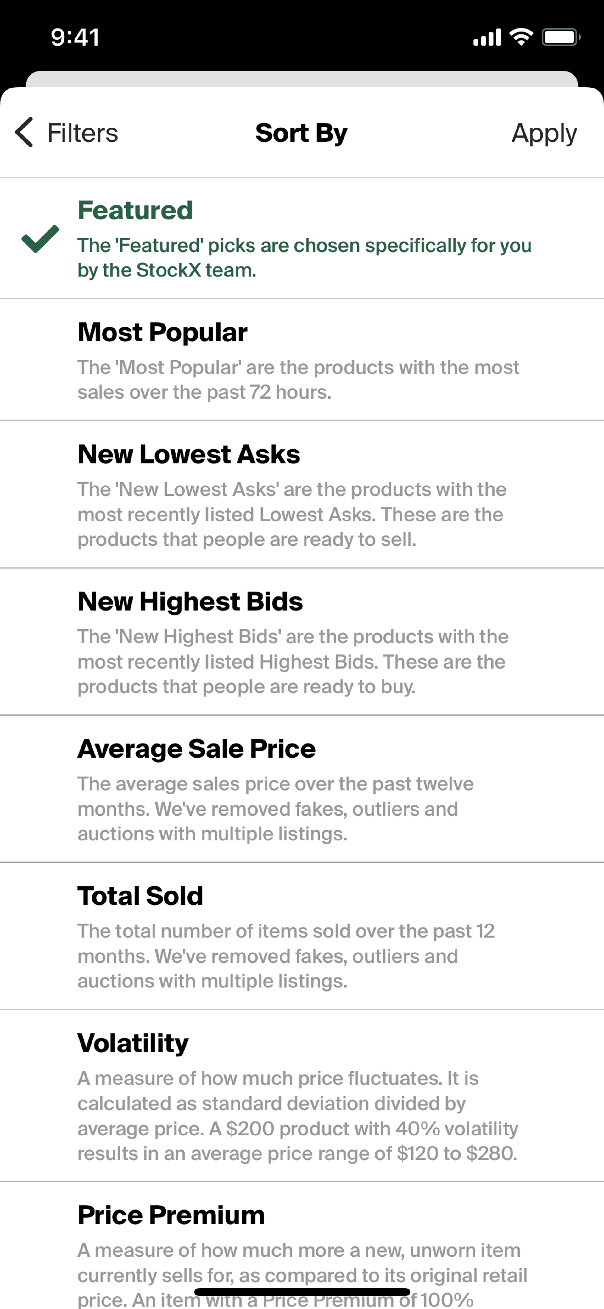 Filtering results on StockX (ios) screen 3