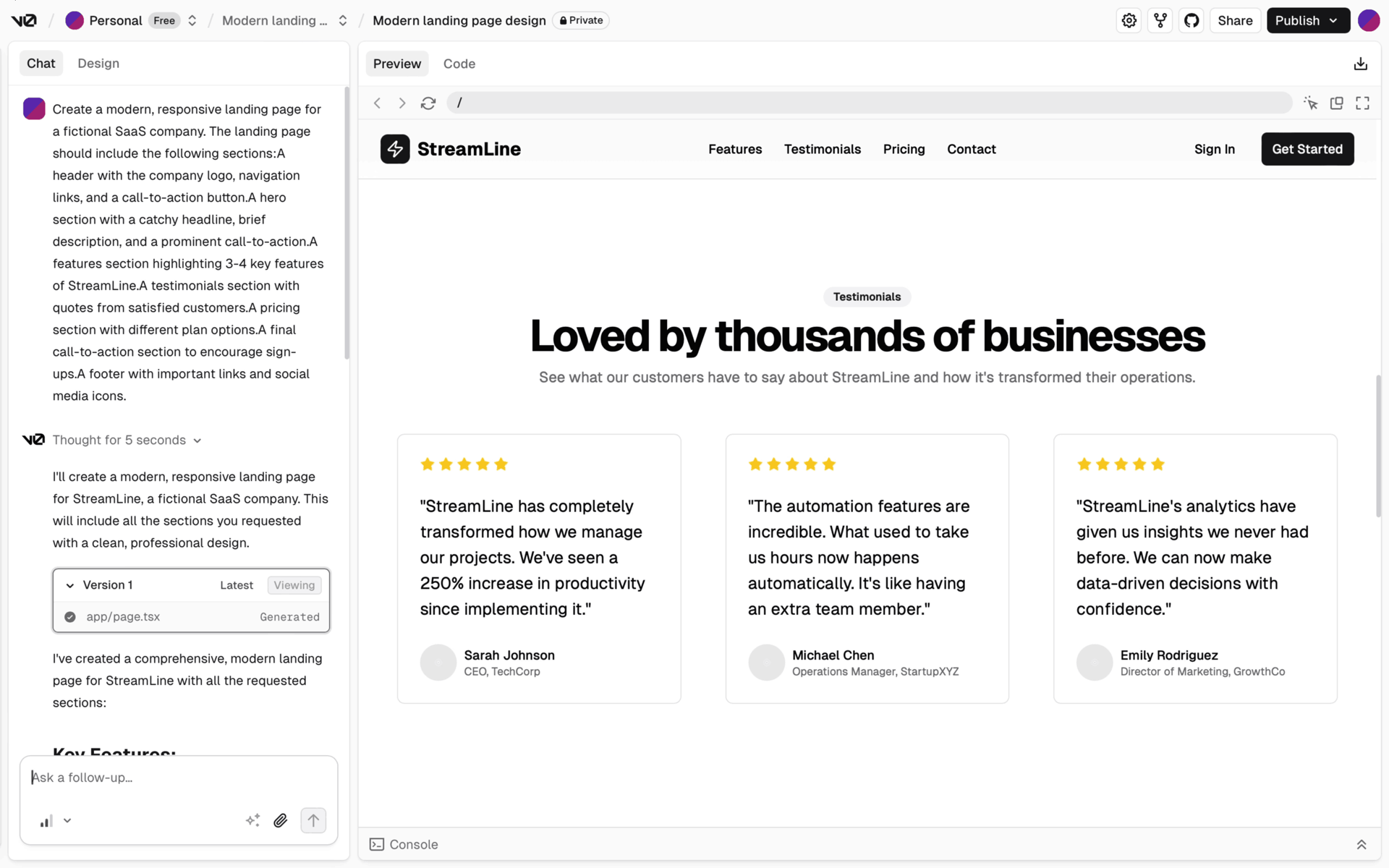 v0 Web AI interface screenshot 13