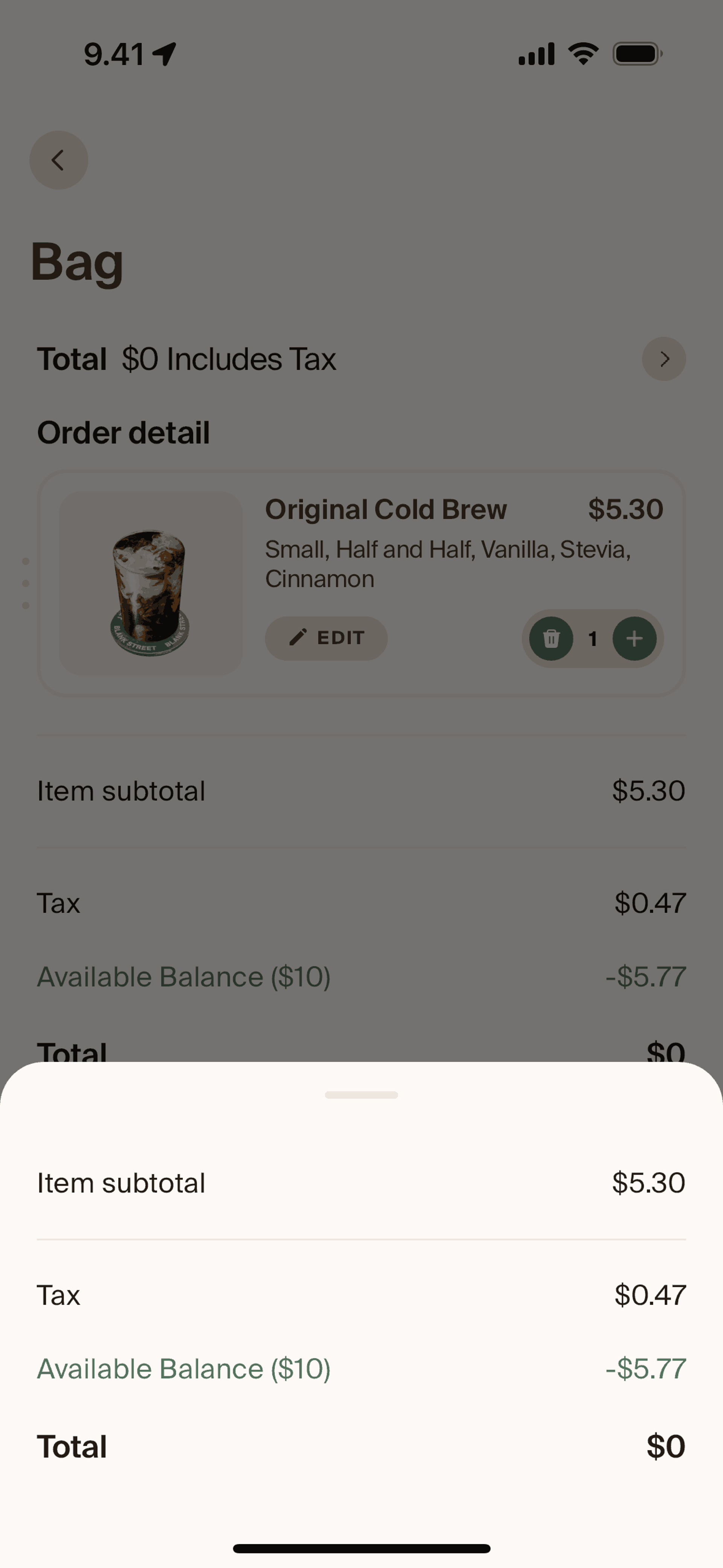 Price detail on Blank Street (ios) screen 2