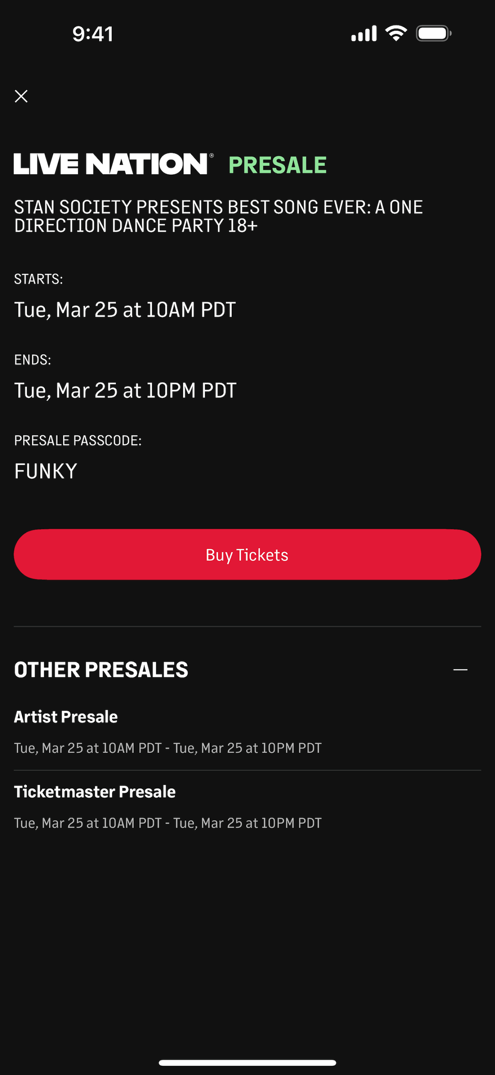 Live Nation iOS Music & Audio interface screenshot 10
